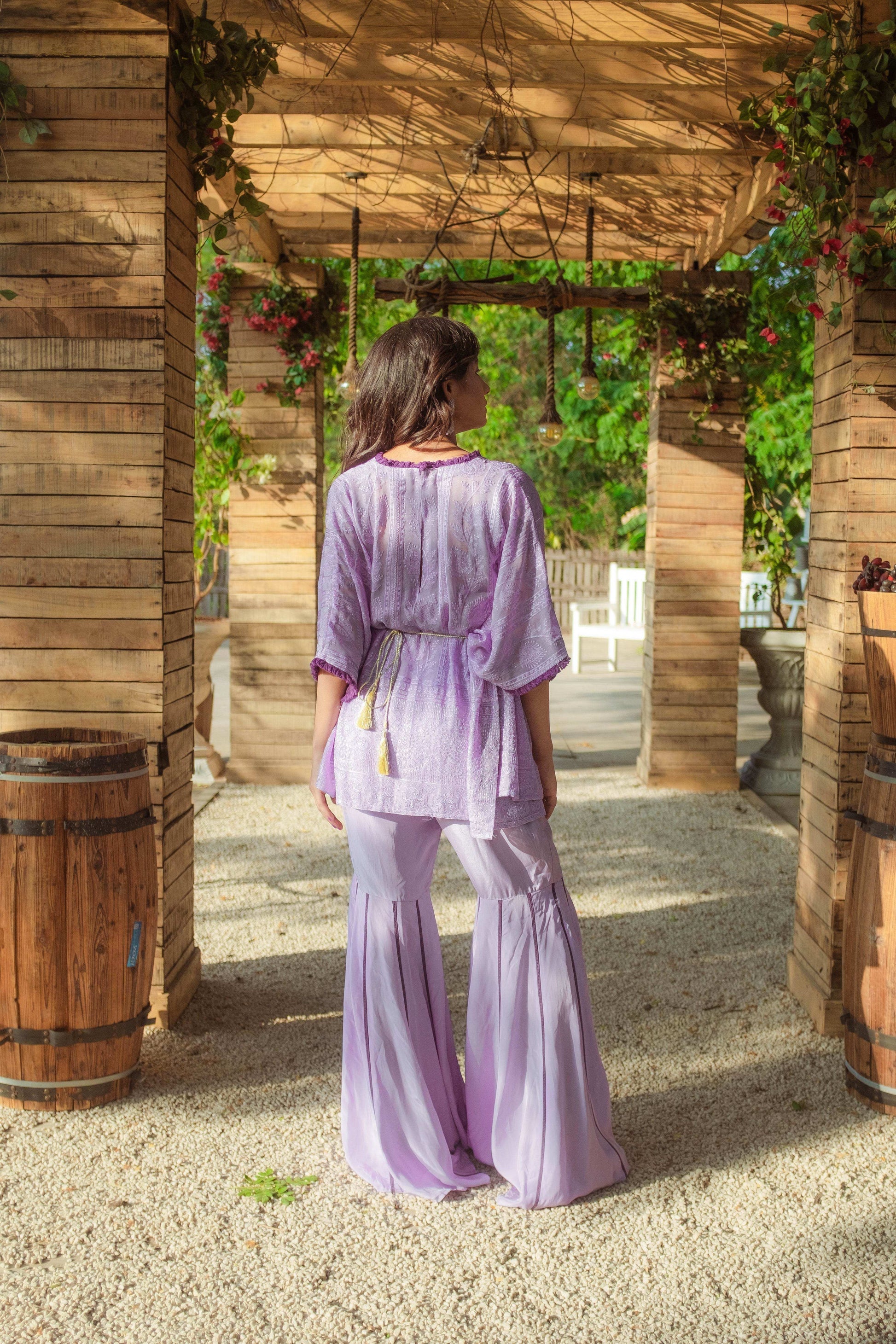 Suraiya Chikankari Kaftan, Sharara & Belt - Veryperi Violet - Monk & Mei