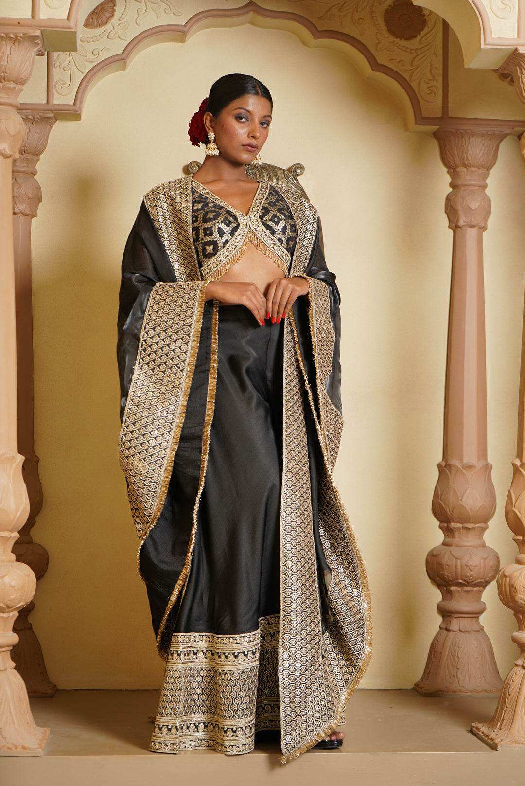 Haseena Brocade Silk Blouse and Sharara with Cape - Monk & Mei