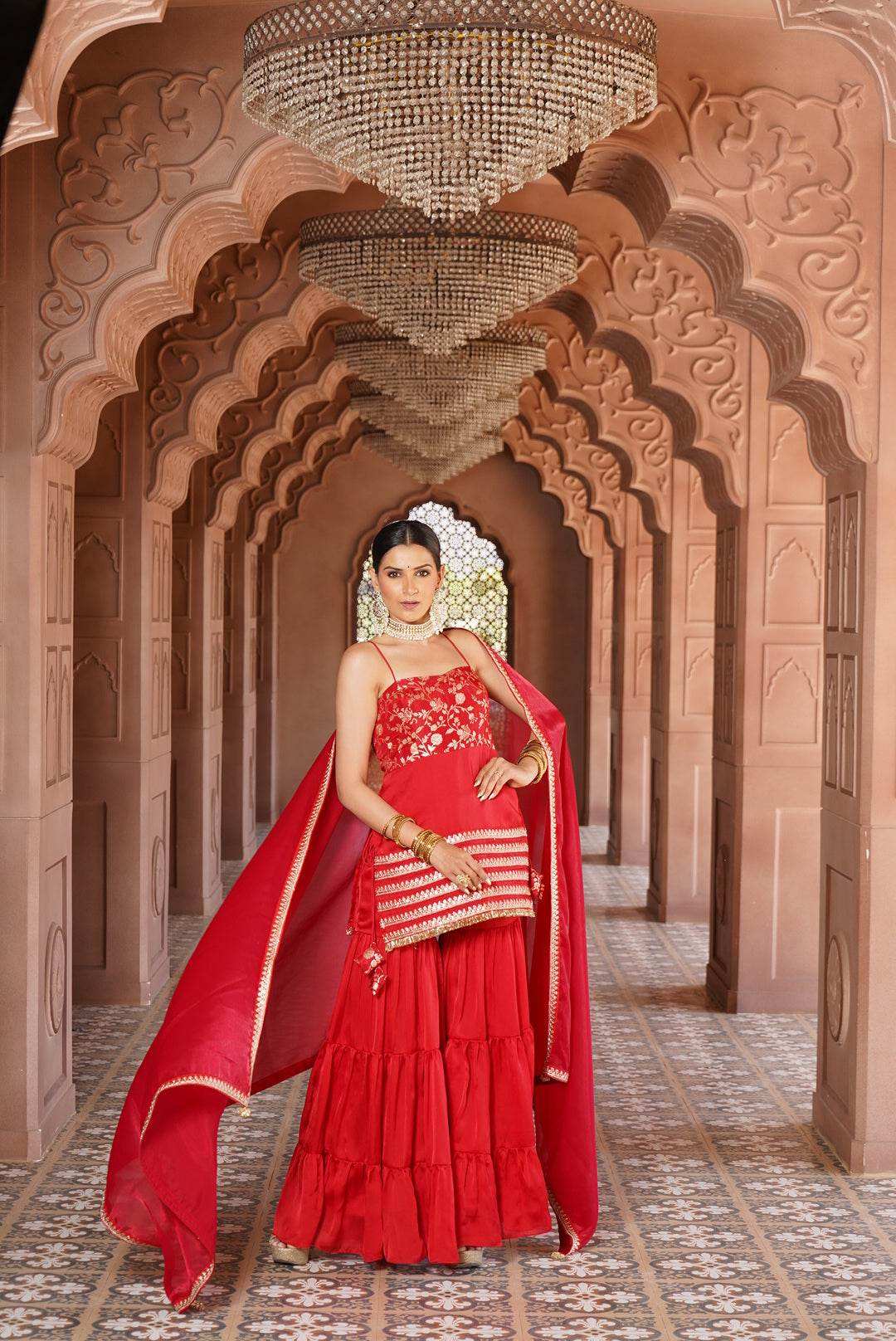 Sabrina Strap Kurta with Satin Sharara & Dupatta - Monk & Mei