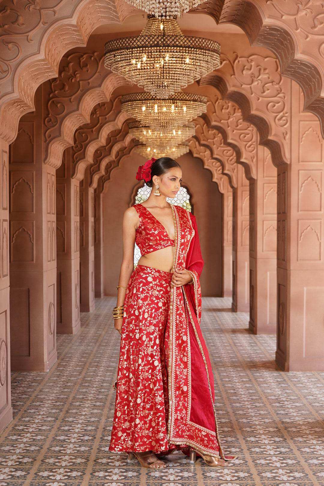Hiya Brocade Blouse and pants with Dupatta - Monk & Mei