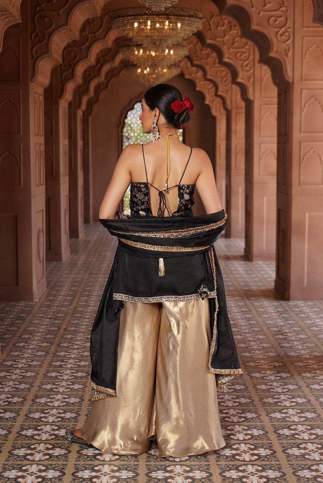 Ayesha Strap Kurta with Satin Sharara & Dupatta - Monk & Mei