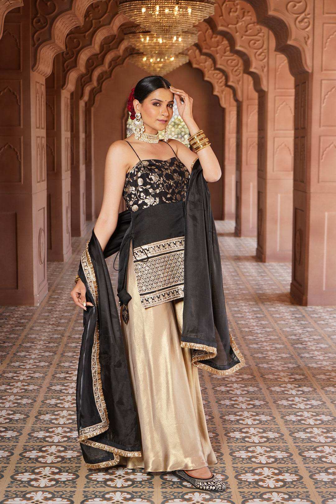 Ayesha Strap Kurta with Satin Sharara & Dupatta - Monk & Mei