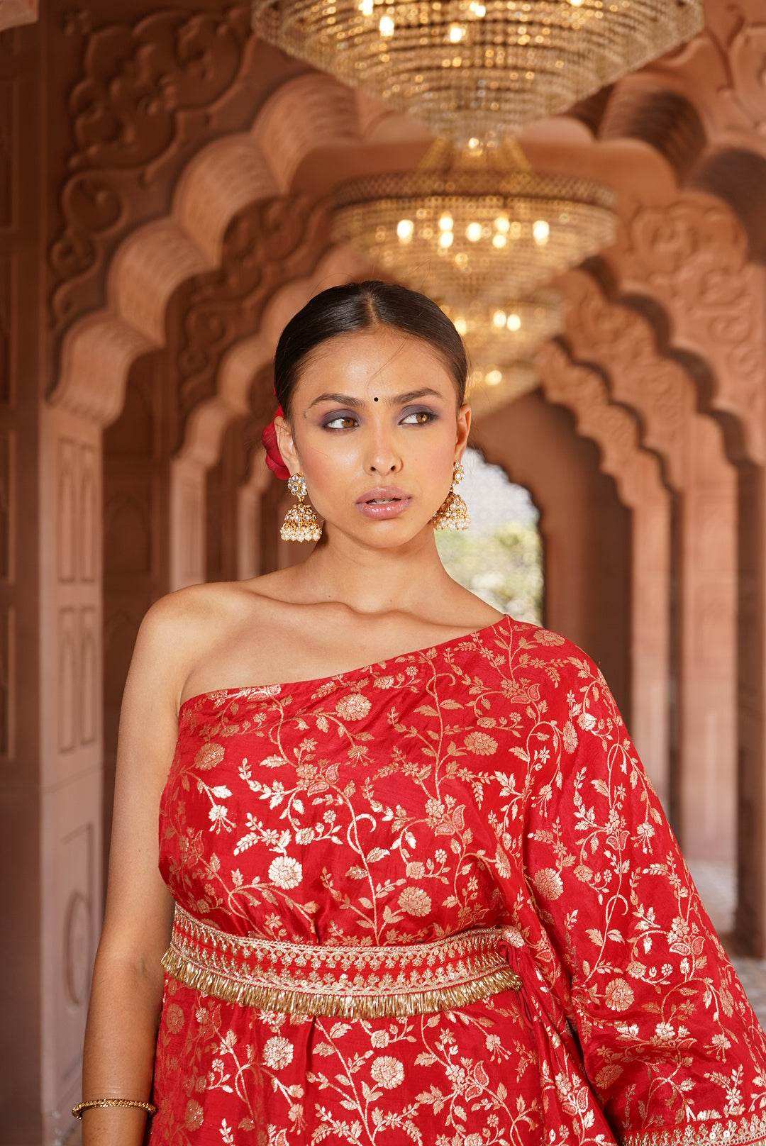 Shama Satin Silk Lehenga with Brocade Cape and belt - Monk & Mei