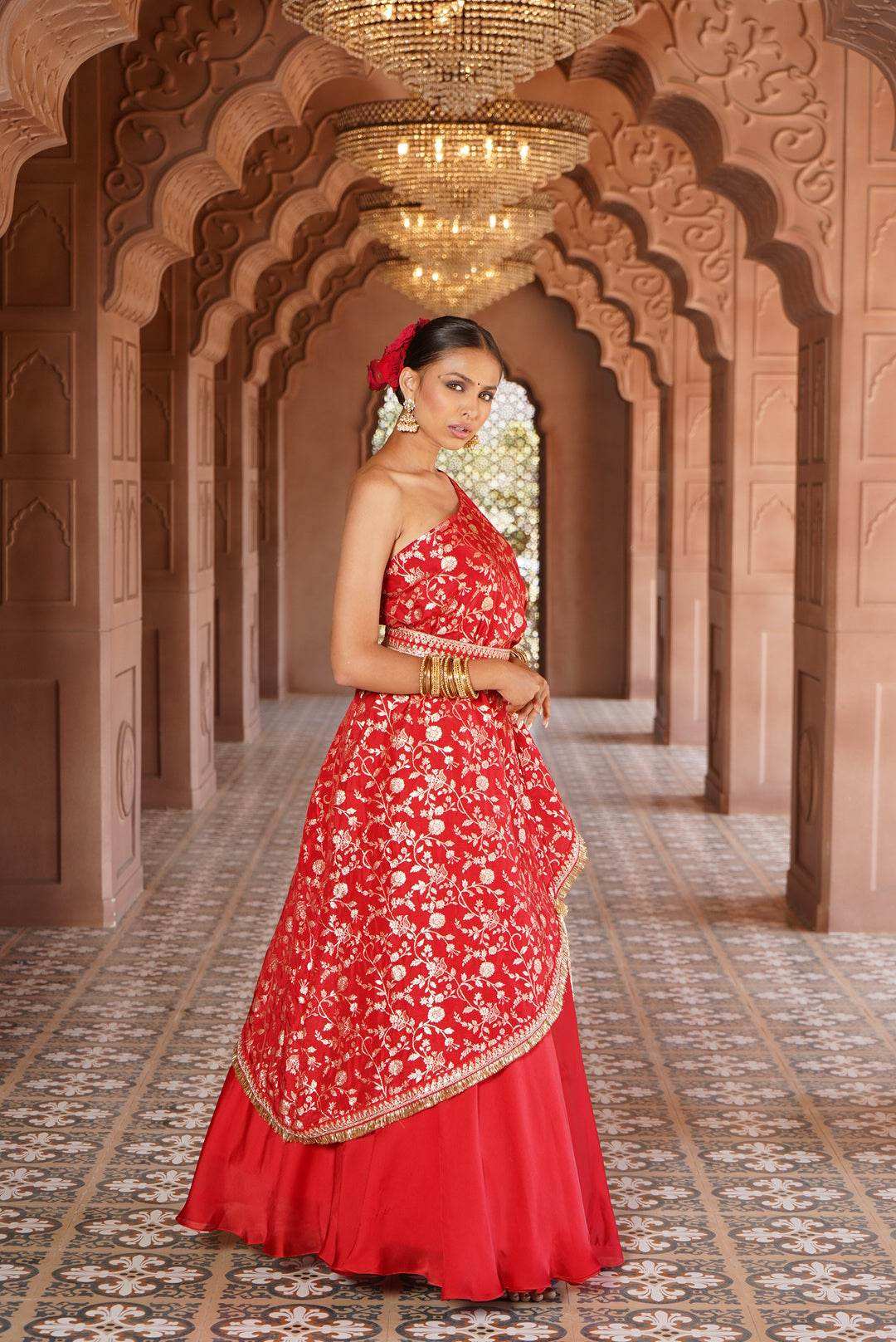 Shama Satin Silk Lehenga with Brocade Cape and belt - Monk & Mei