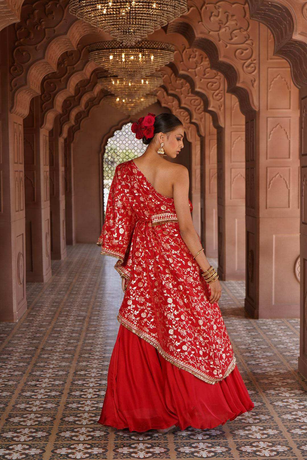 Shama Satin Silk Lehenga with Brocade Cape and belt - Monk & Mei