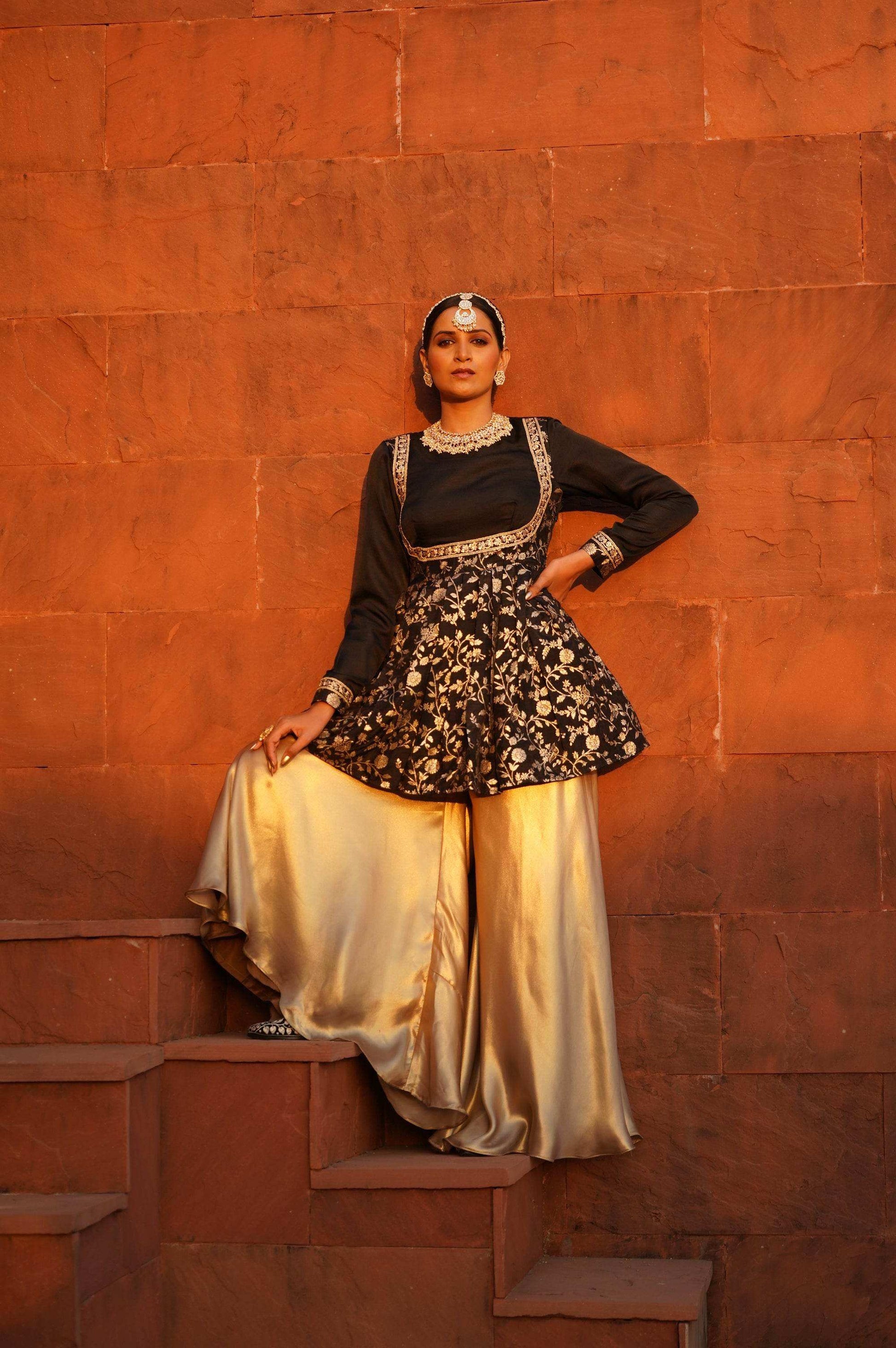 Yasmin Peplum Top with Satin Sharara Pants - Monk & Mei