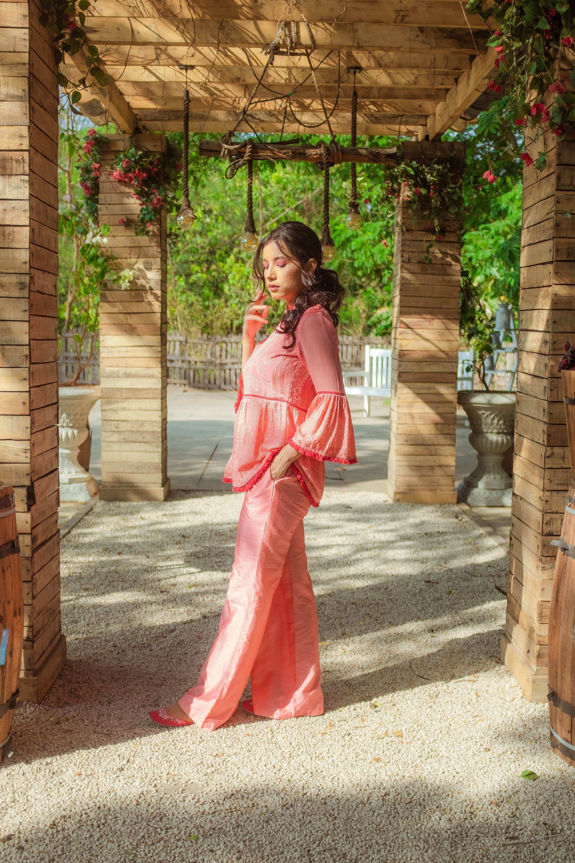 Nazm Flared Chikankari Top & Pants - Peachy Melon - Monk & Mei