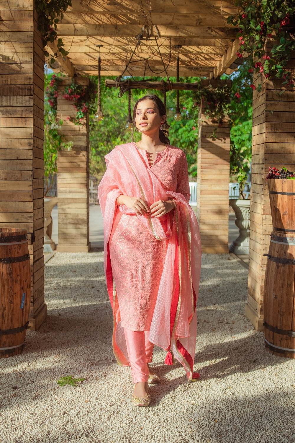 Malak Straight Chikankari Kurta, Pants & Dupatta - Peachy Melon - Monk & Mei