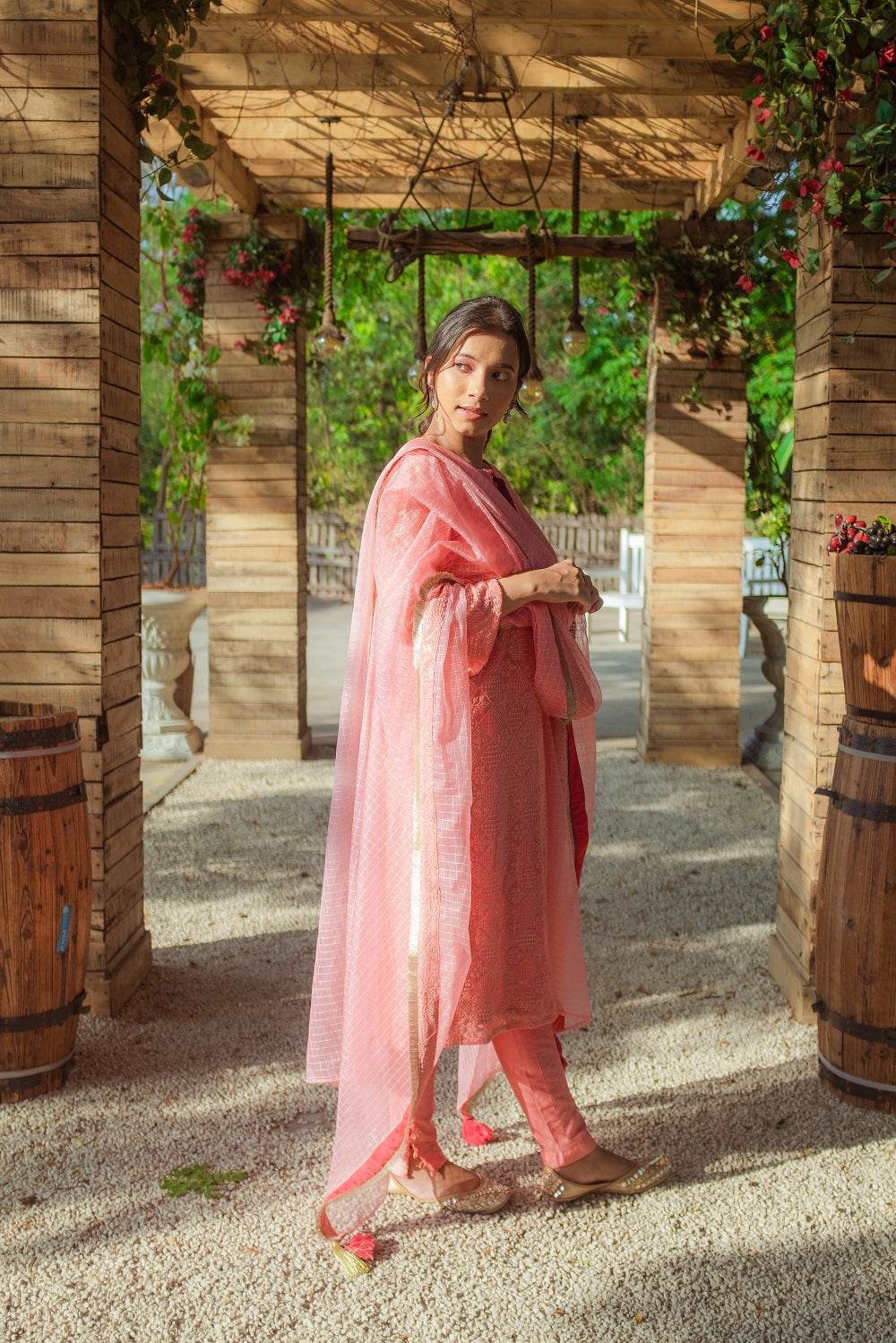 Malak Straight Chikankari Kurta, Pants & Dupatta - Peachy Melon - Monk & Mei