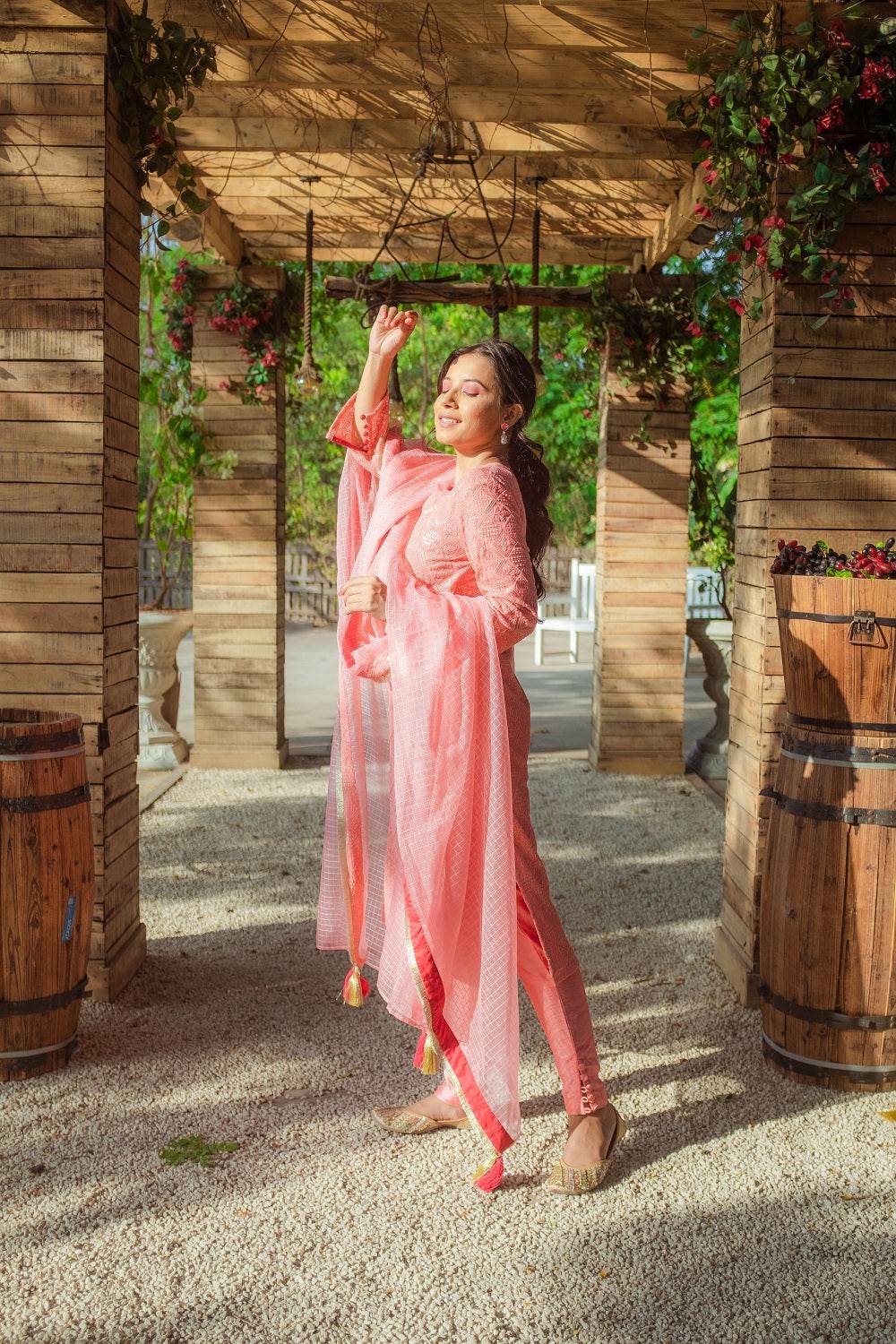 Malak Straight Chikankari Kurta, Pants & Dupatta - Peachy Melon - Monk & Mei