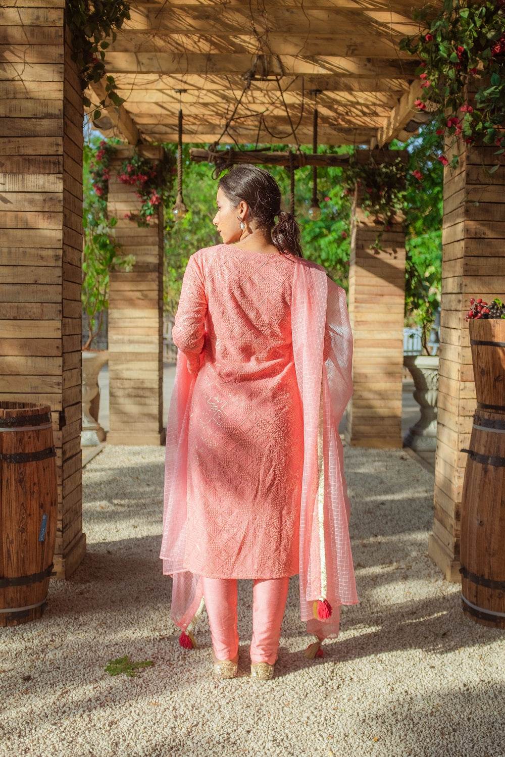Malak Straight Chikankari Kurta, Pants & Dupatta - Peachy Melon - Monk & Mei