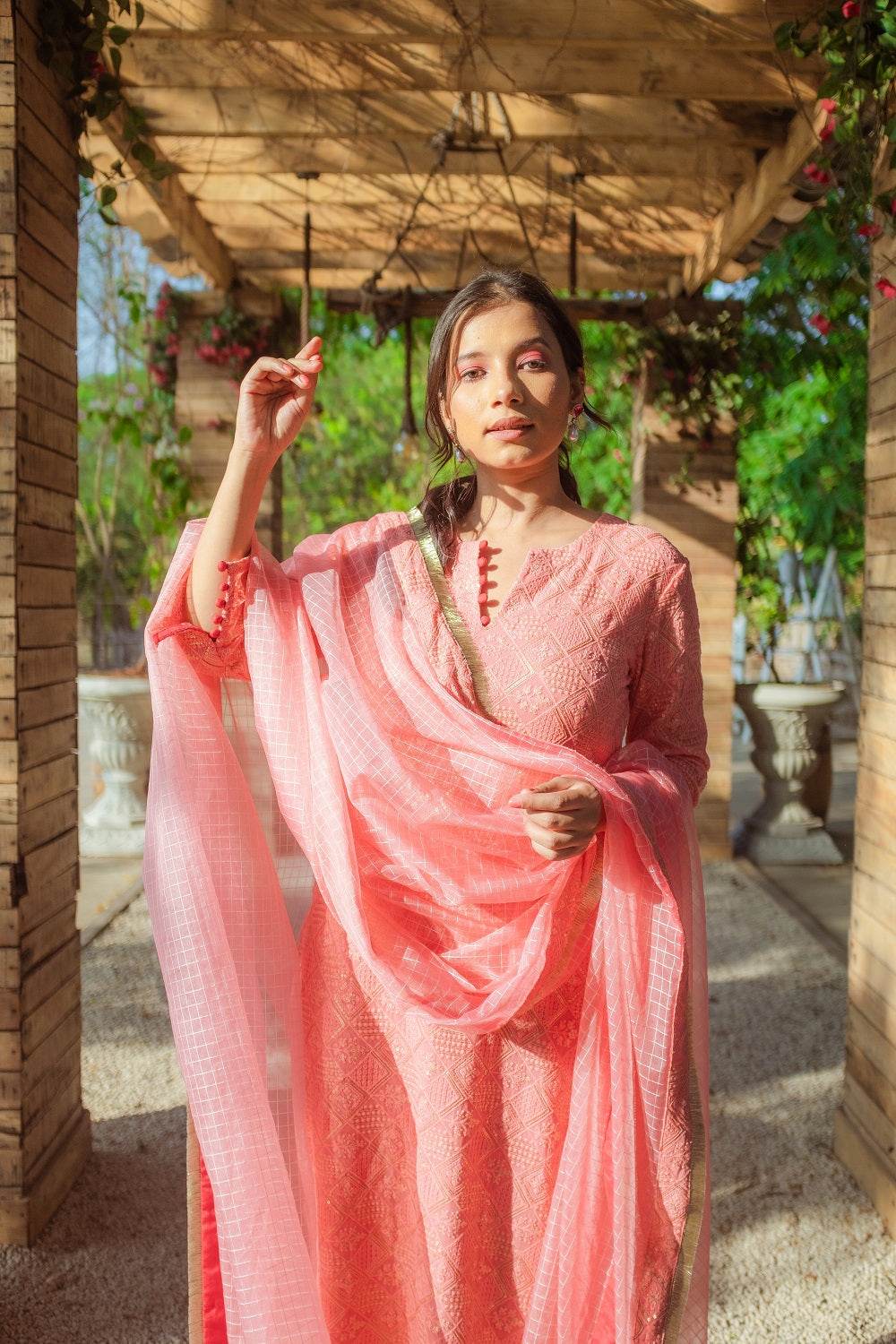 Malak Straight Chikankari Kurta, Pants & Dupatta - Peachy Melon - Monk & Mei