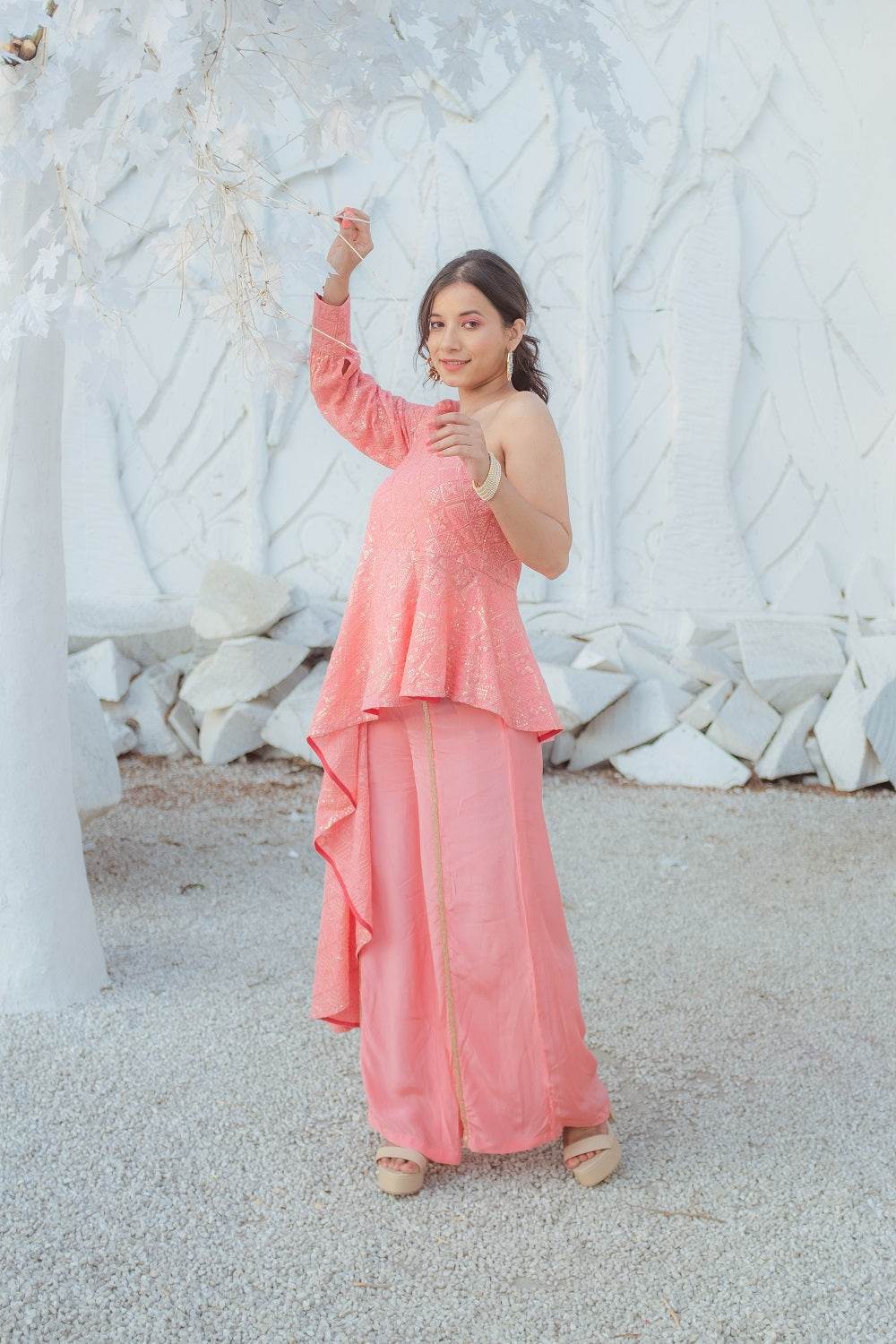 Zeenat Chikankari Top & Palazzo Pants - Peachy Melon - Monk & Mei