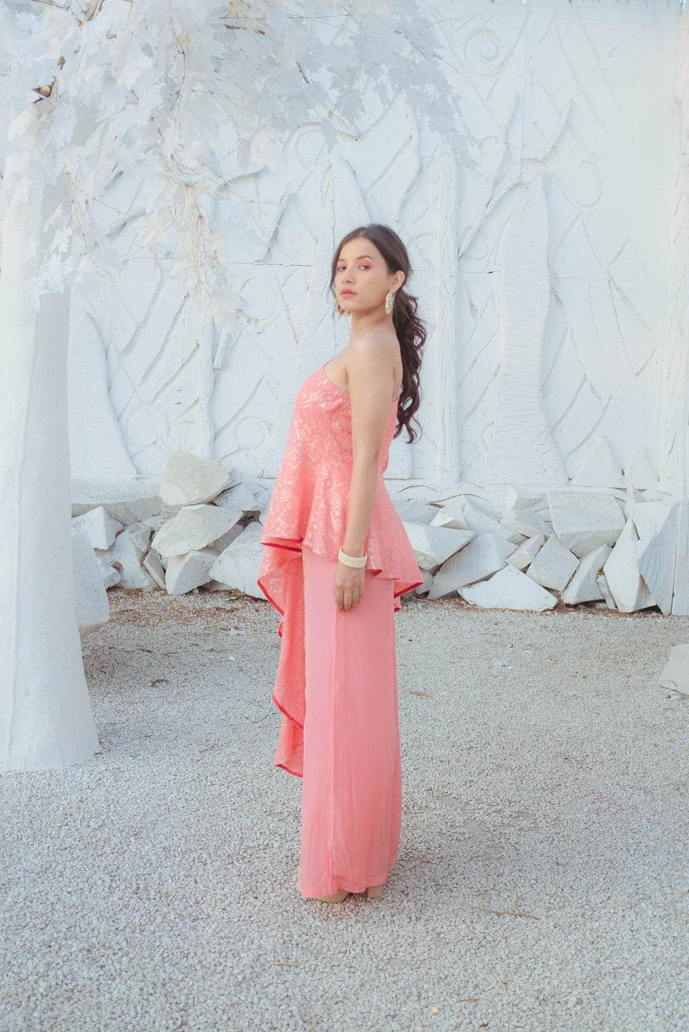 Zeenat Chikankari Top & Palazzo Pants - Peachy Melon - Monk & Mei