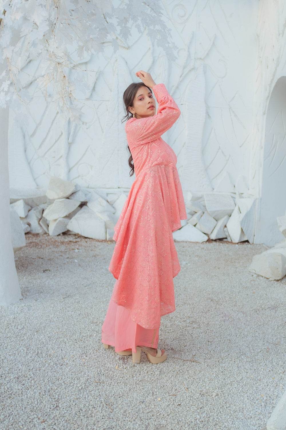 Zeenat Chikankari Top & Palazzo Pants - Peachy Melon - Monk & Mei