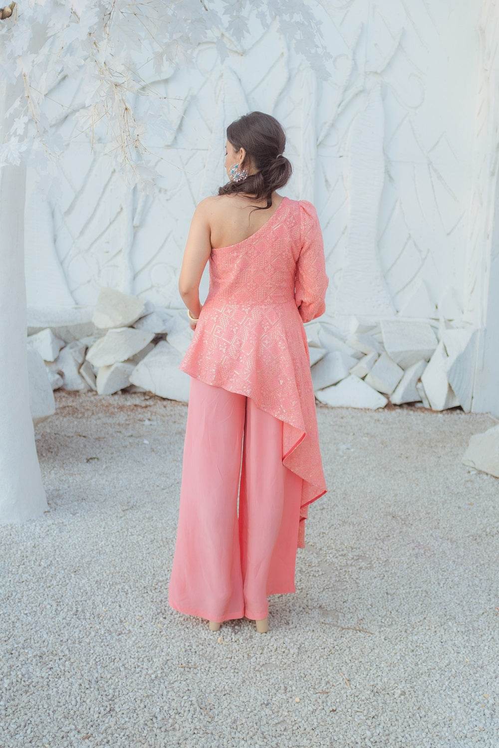 Zeenat Chikankari Top & Palazzo Pants - Peachy Melon - Monk & Mei