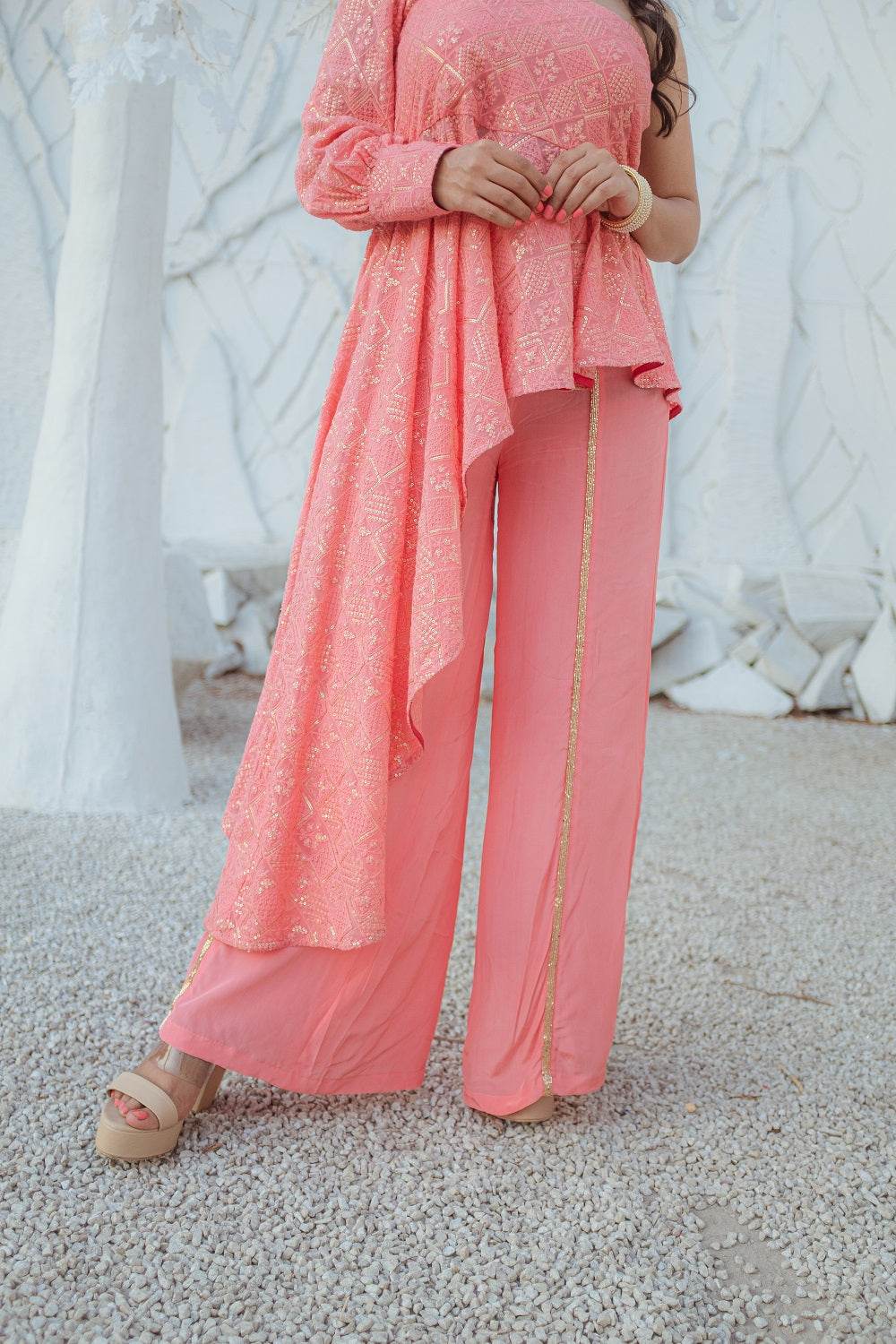 Zeenat Chikankari Top & Palazzo Pants - Peachy Melon - Monk & Mei