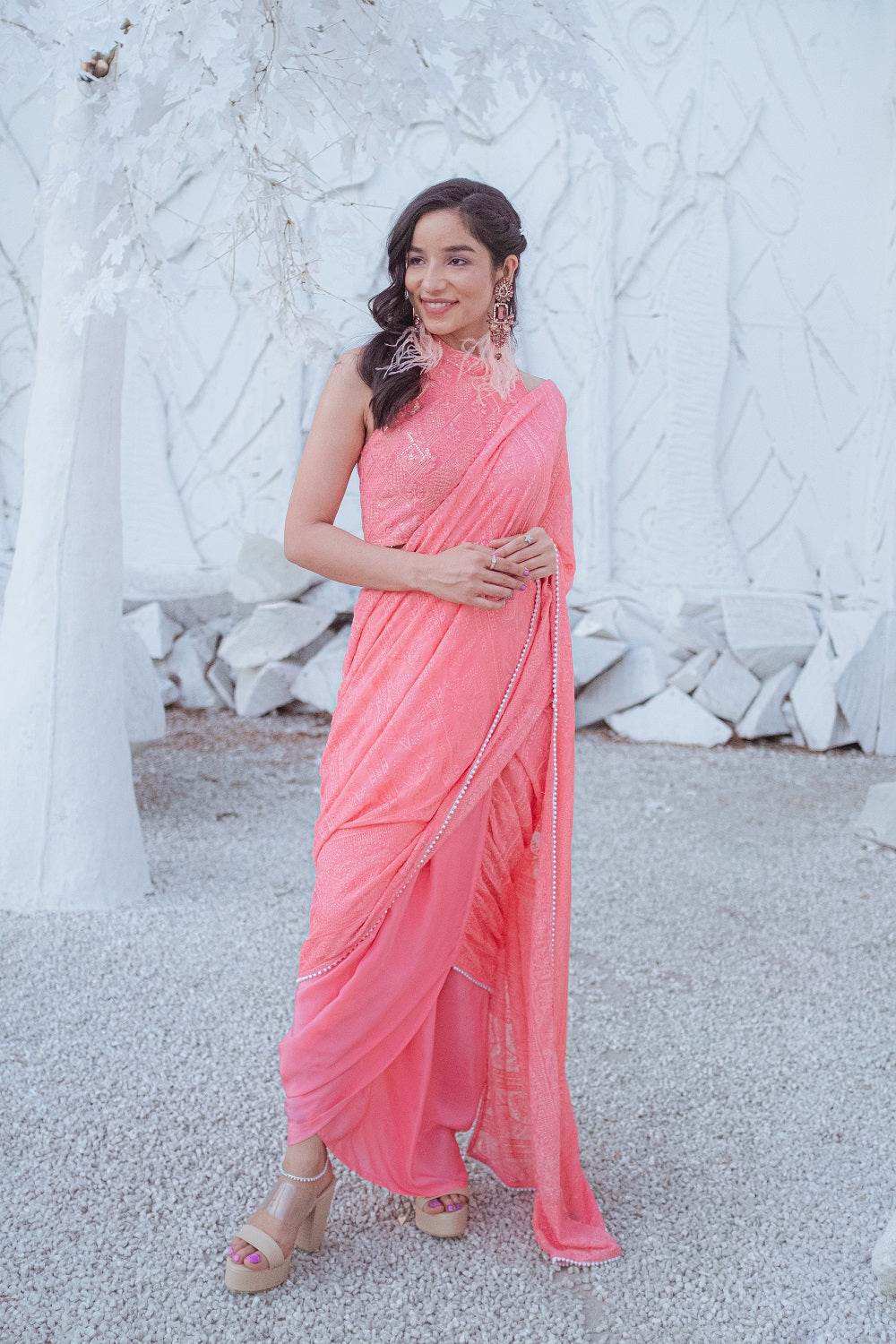 Karishma Chikankari Dhoti Saree, Blouse & Belt - Peachy Melon - Monk & Mei