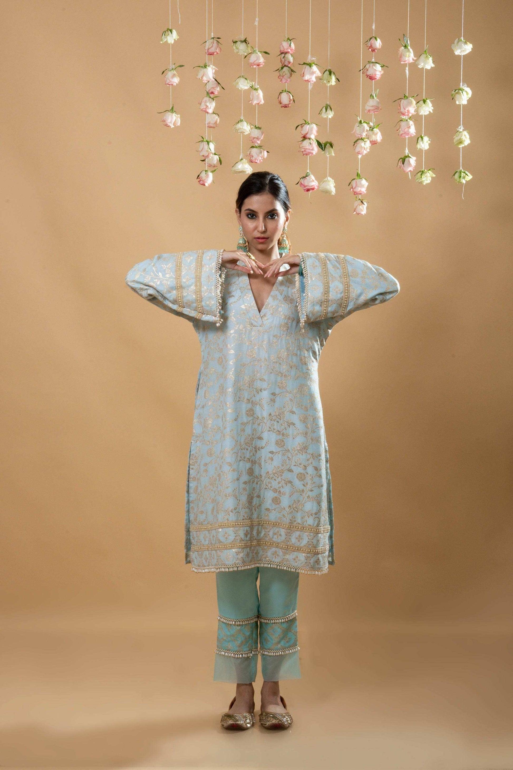 Meena Pakistani Kurta Set - Powder Blue - Monk & Mei