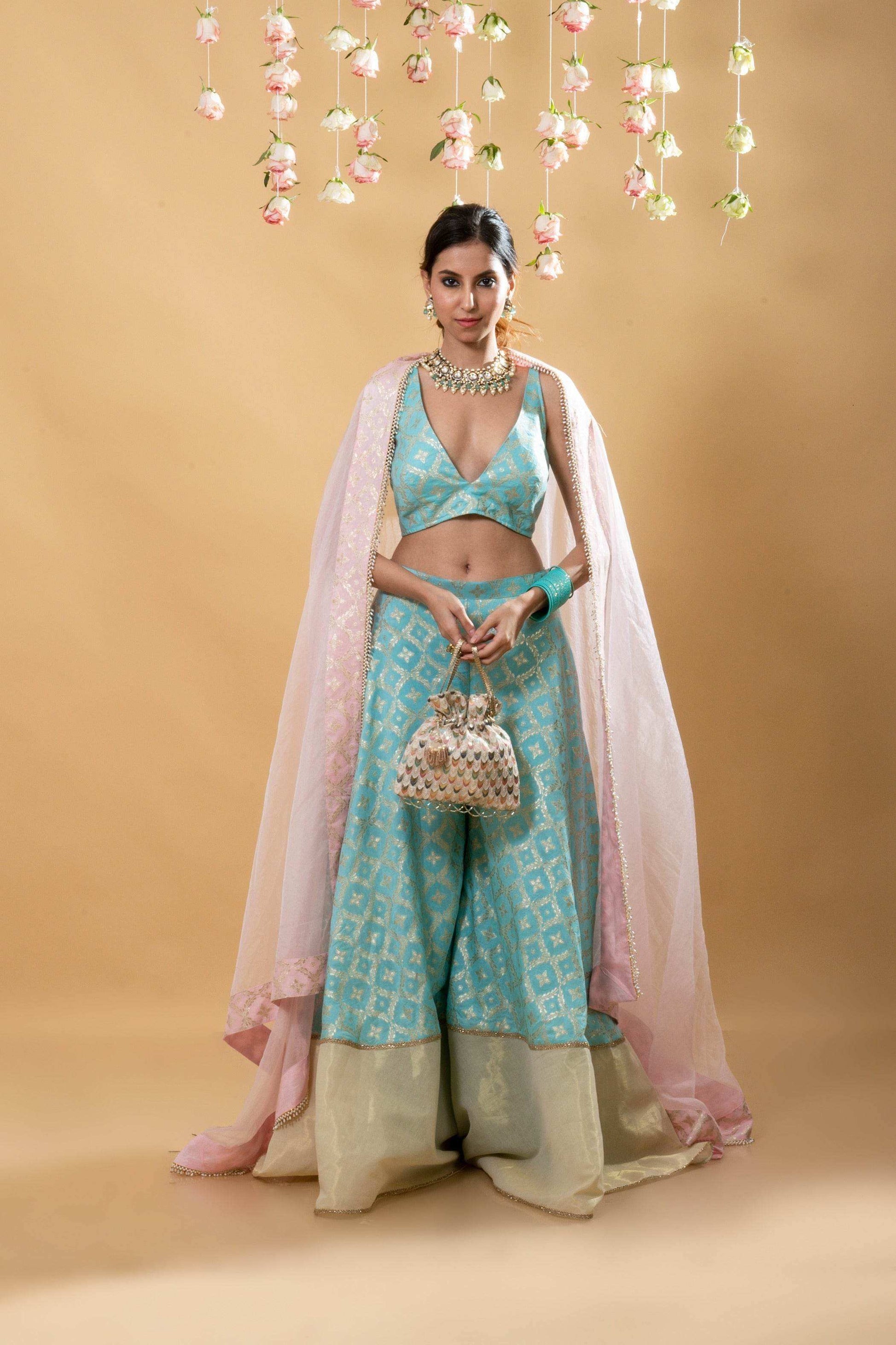 Nitya - Brocade Sharara Blouse Dupatta Set - Powder Blue - Monk & Mei