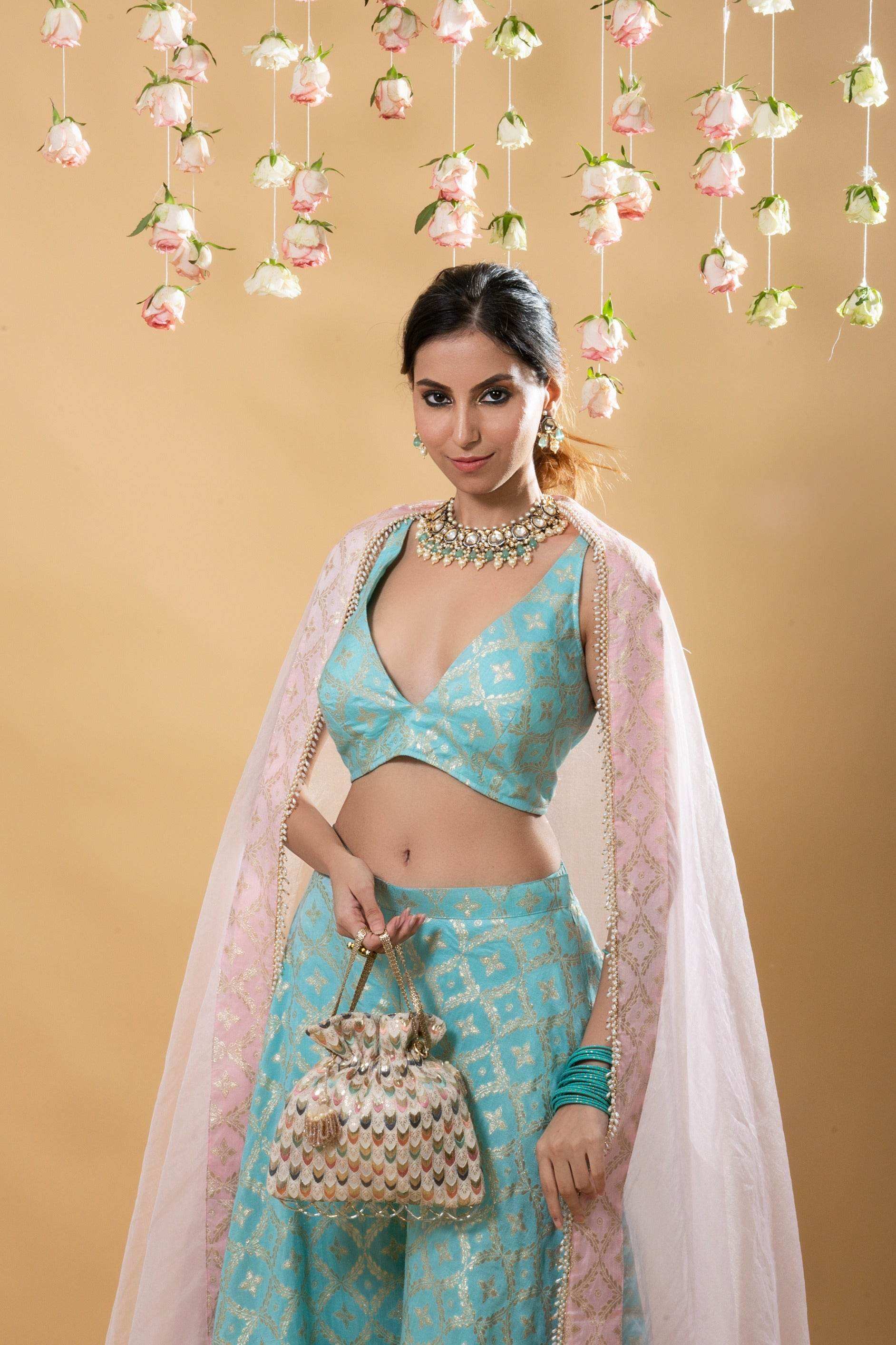 Nitya - Brocade Sharara Blouse Dupatta Set - Powder Blue - Monk & Mei