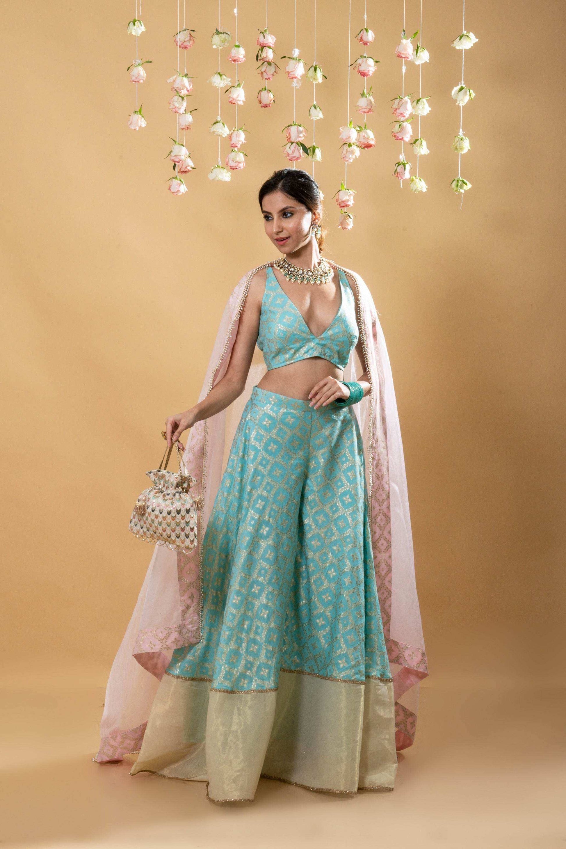Nitya - Brocade Sharara Blouse Dupatta Set - Powder Blue - Monk & Mei
