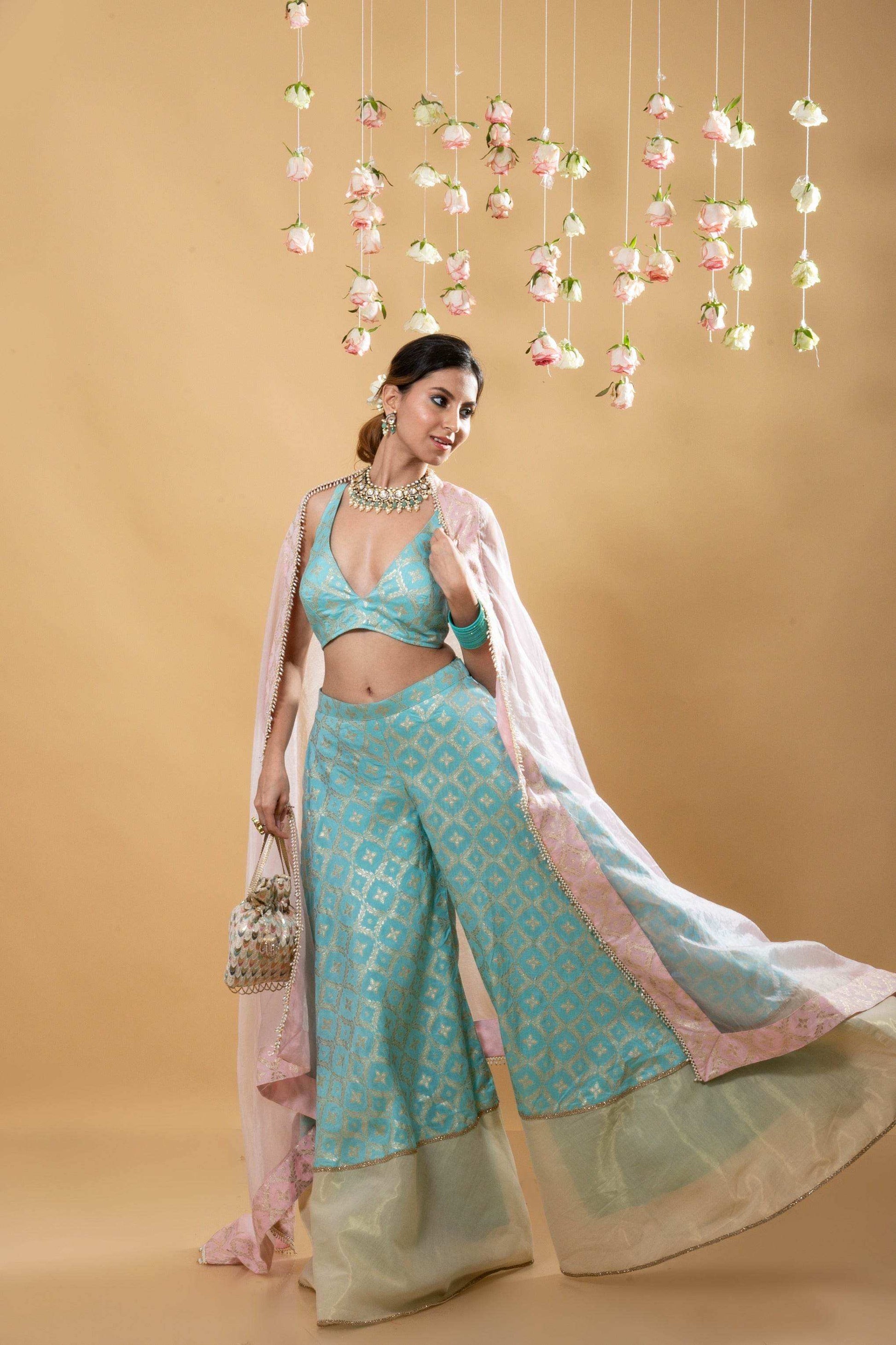 Nitya - Brocade Sharara Blouse Dupatta Set - Powder Blue - Monk & Mei