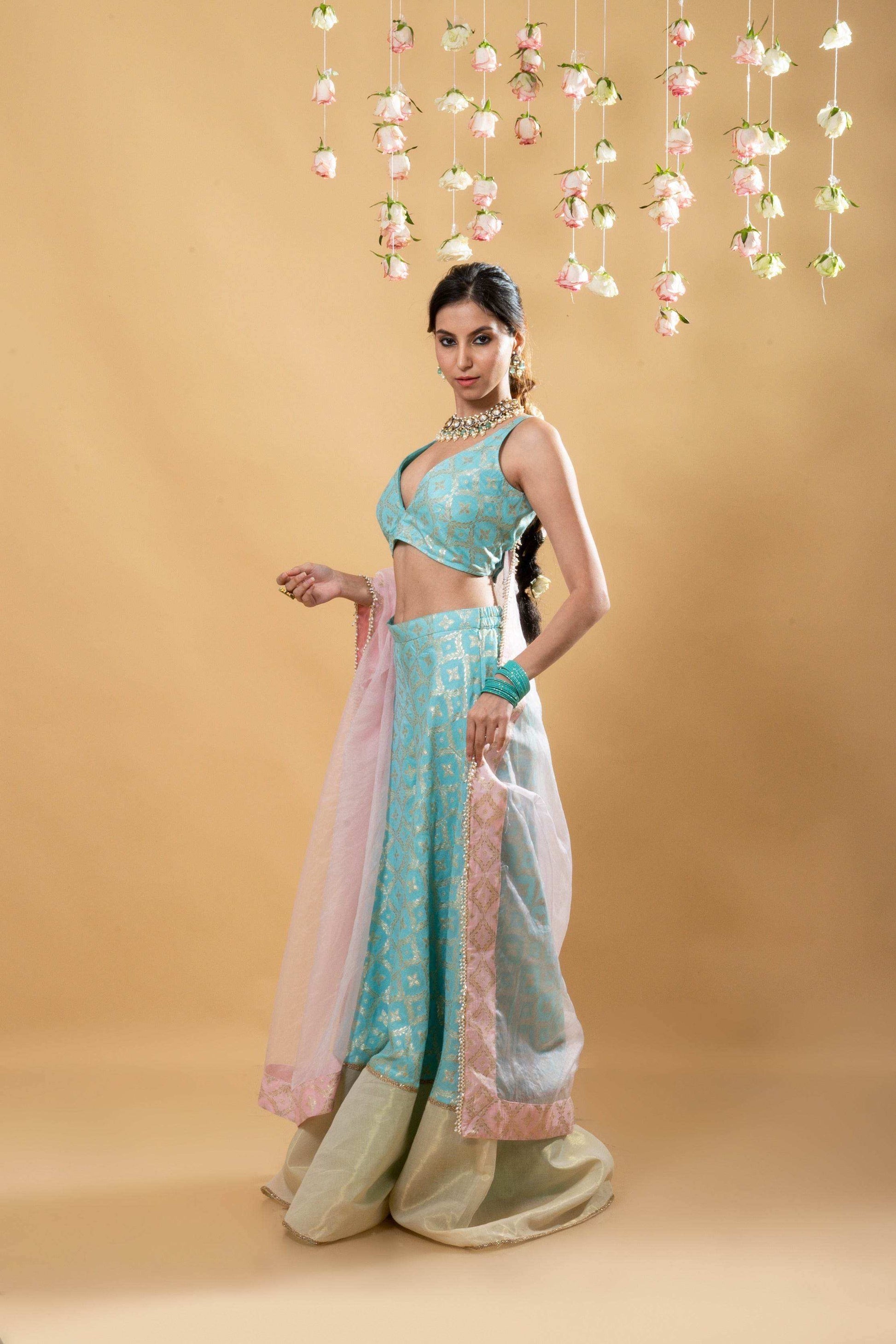 Nitya - Brocade Sharara Blouse Dupatta Set - Powder Blue - Monk & Mei