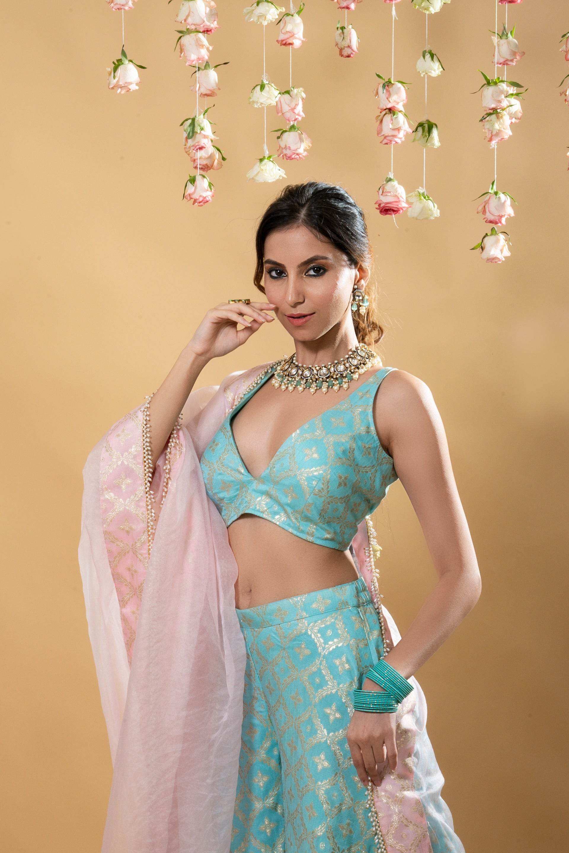 Nitya - Brocade Sharara Blouse Dupatta Set - Powder Blue - Monk & Mei