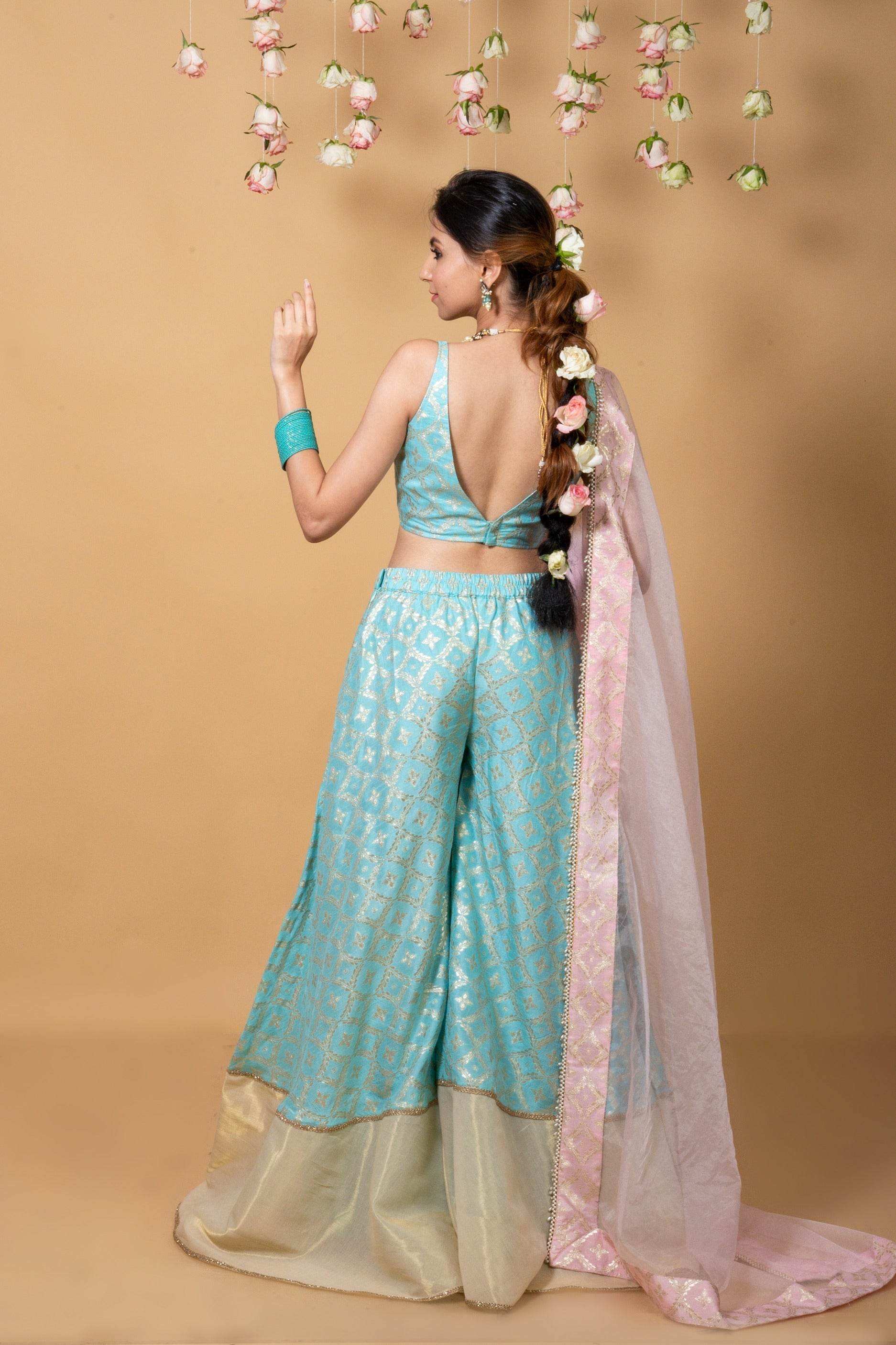 Nitya - Brocade Sharara Blouse Dupatta Set - Powder Blue - Monk & Mei