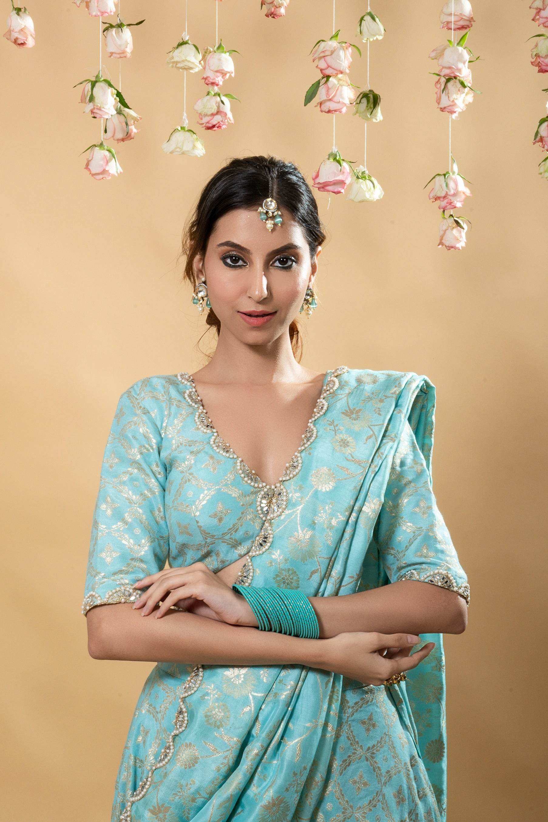 Sevati - Brocade Sharara Set - Powder Blue - Monk & Mei