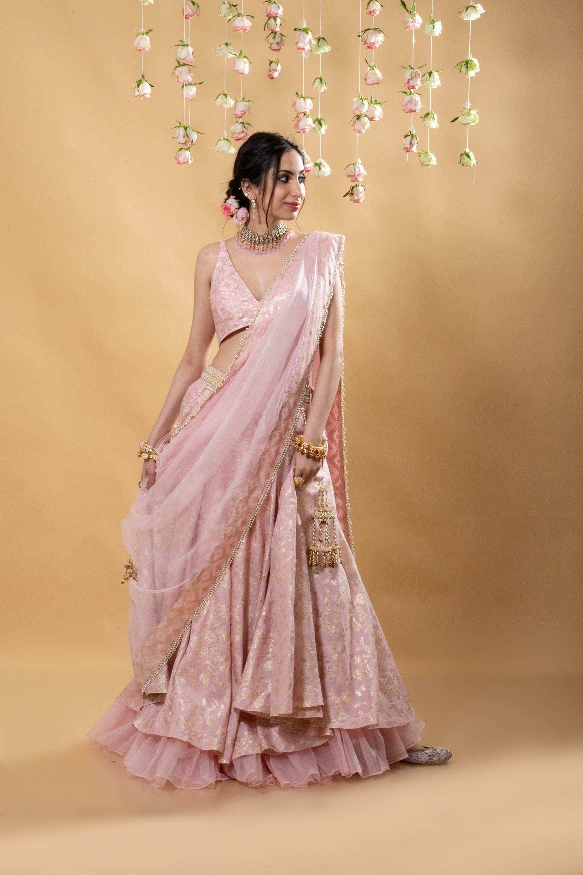 Chandini- Brocade Lehenga Set Blush Pink - Monk & Mei