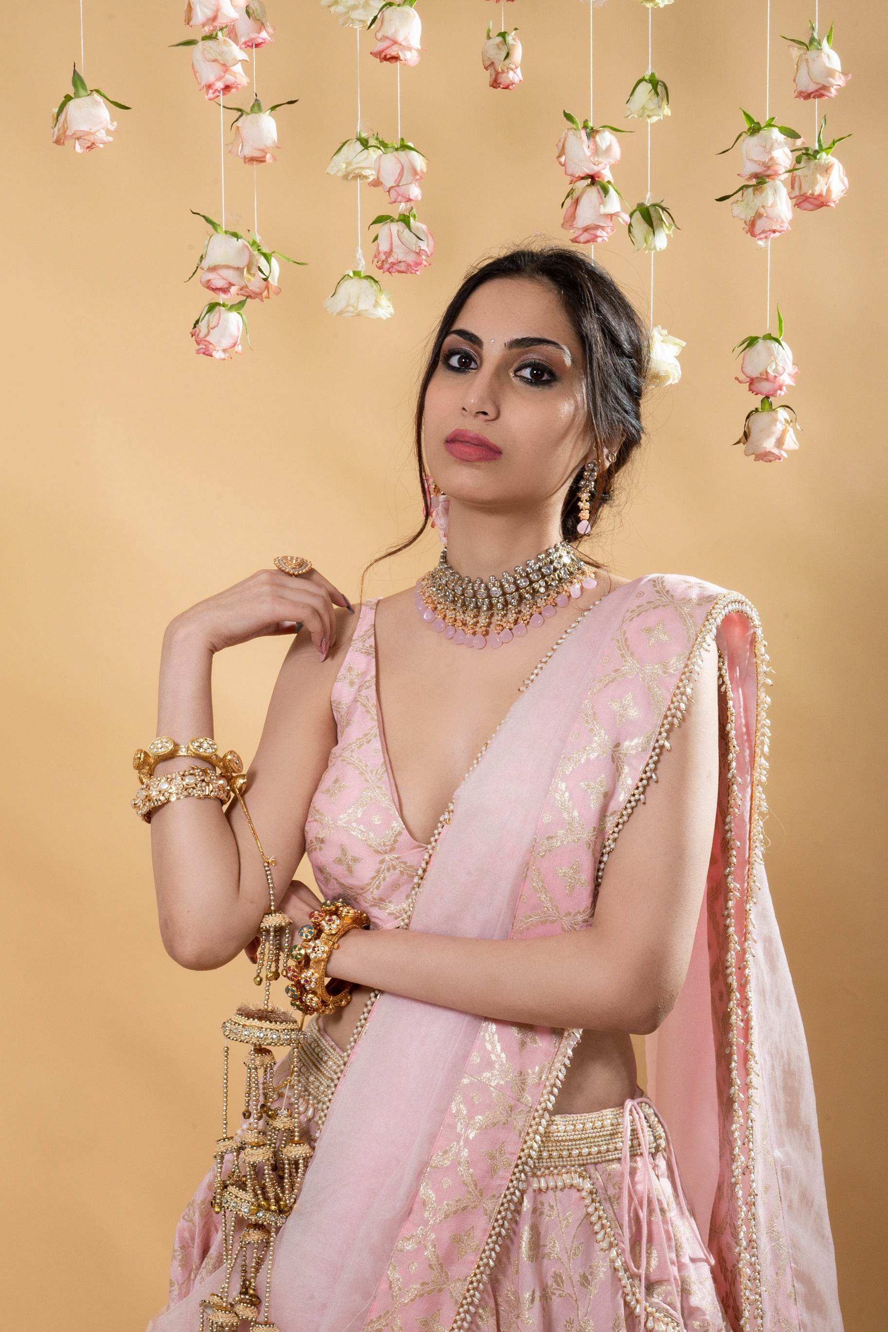 Chandini- Brocade Lehenga Set Blush Pink - Monk & Mei