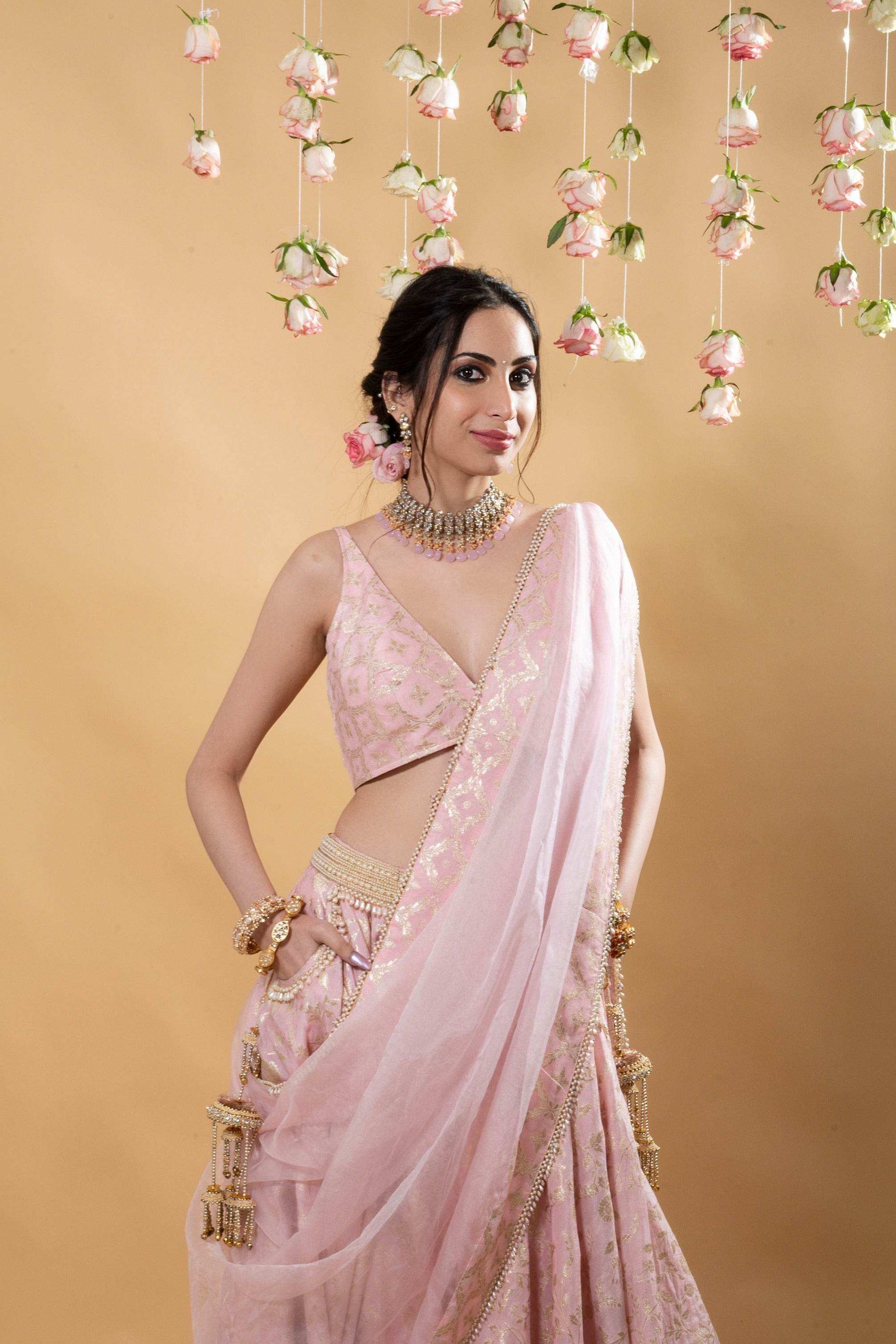 Chandini- Brocade Lehenga Set Blush Pink - Monk & Mei