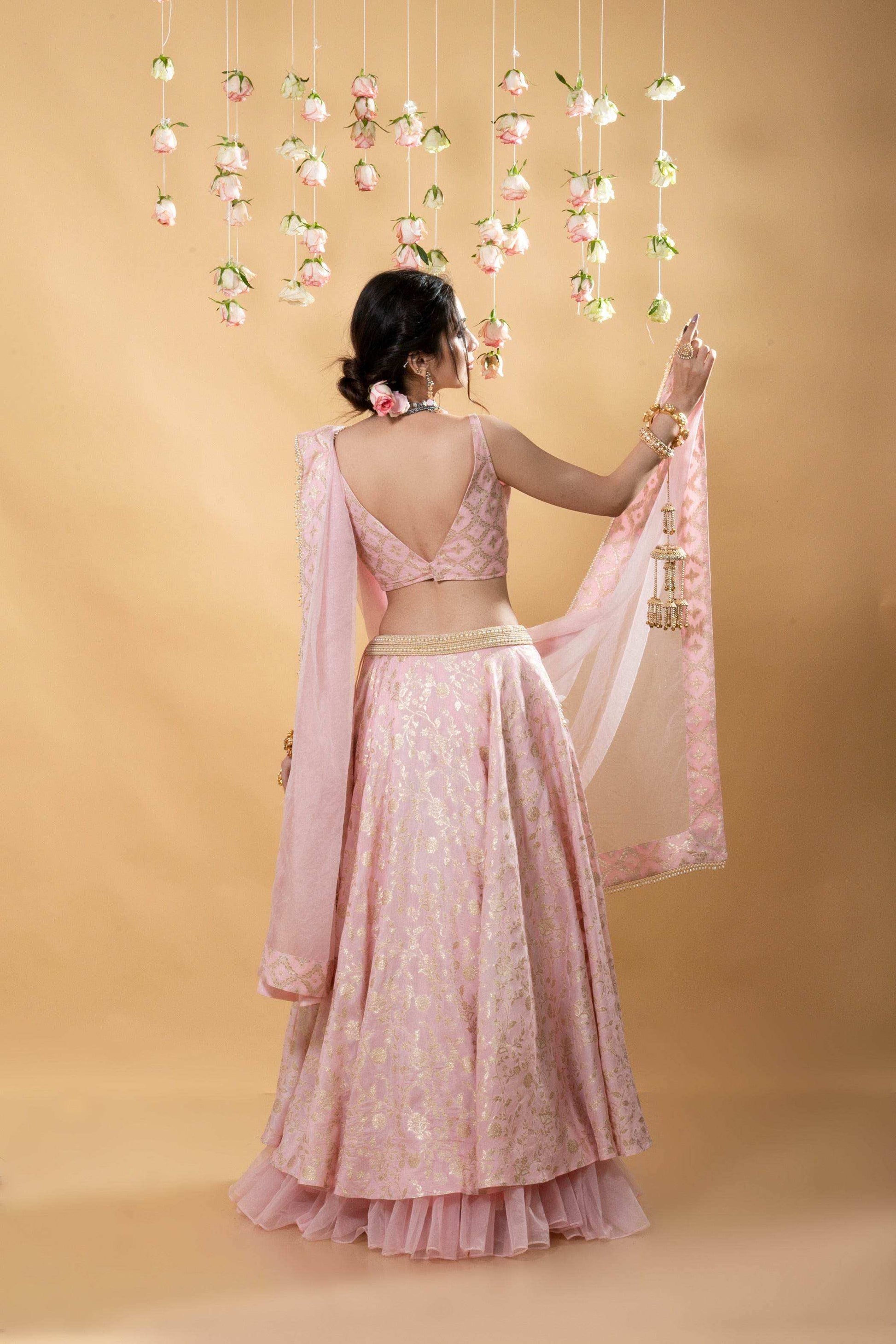 Chandini- Brocade Lehenga Set Blush Pink - Monk & Mei