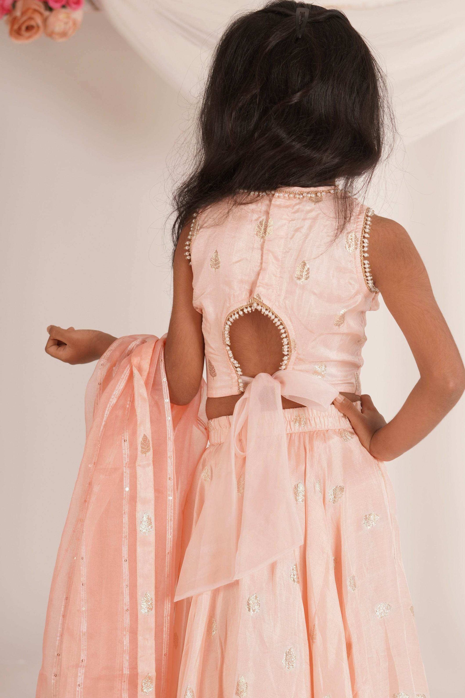 Eden- Blouse, Lehenga and Dupatta set- Peach pink and Rose gold - Monk & Mei