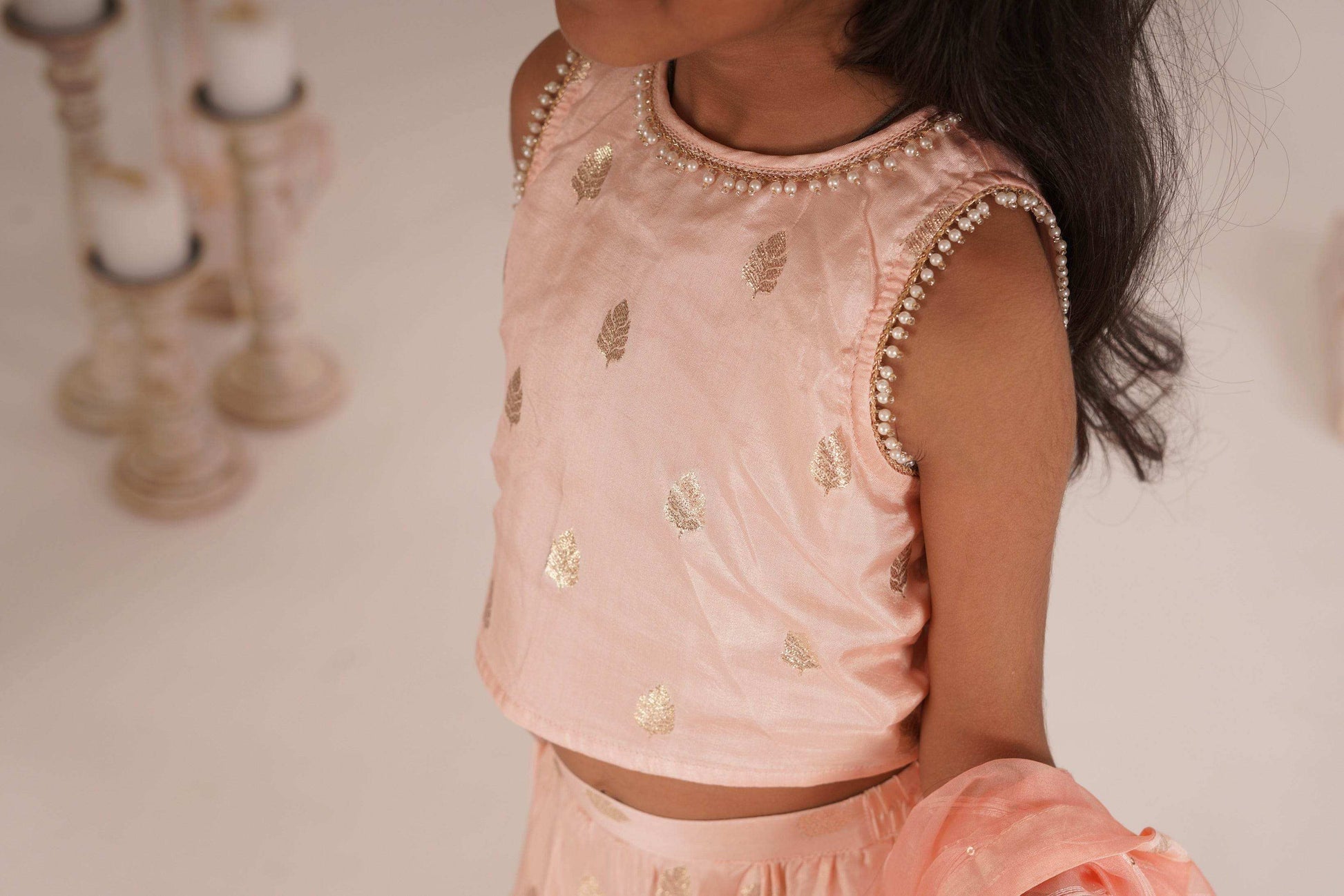 Eden- Blouse, Lehenga and Dupatta set- Peach pink and Rose gold - Monk & Mei