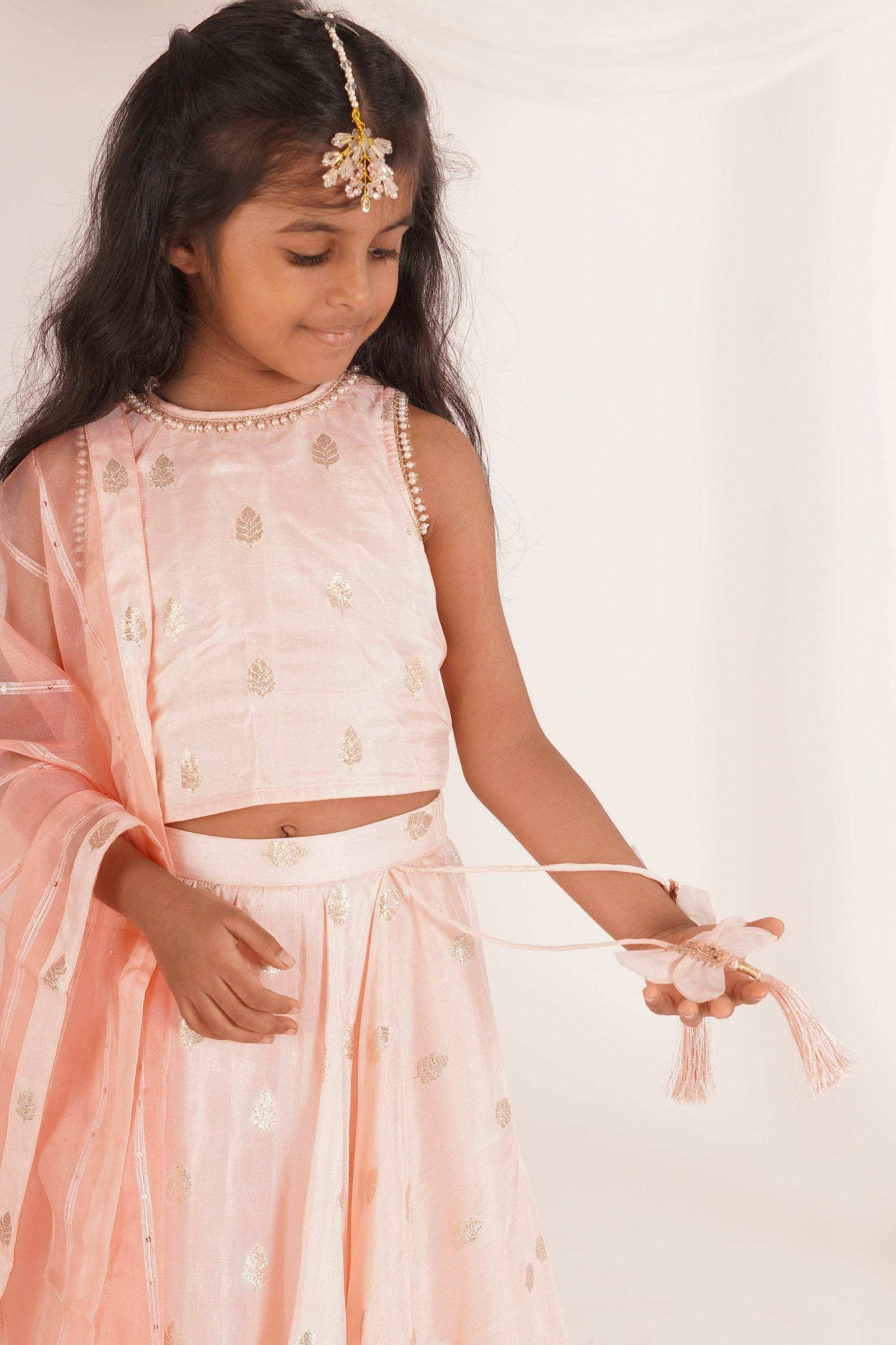 Eden- Blouse, Lehenga and Dupatta set- Peach pink and Rose gold - Monk & Mei