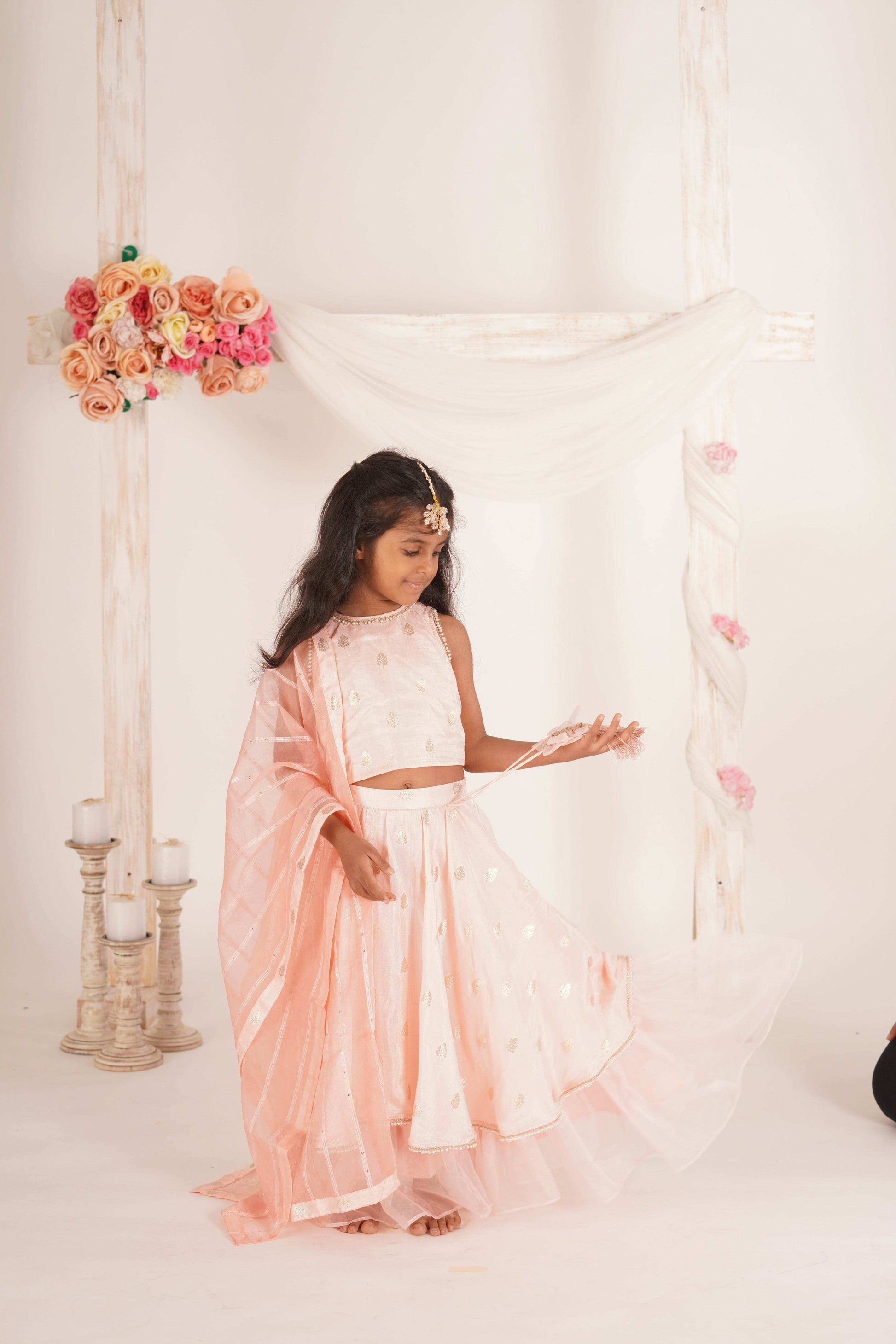 Eden- Blouse, Lehenga and Dupatta set- Peach pink and Rose gold - Monk & Mei