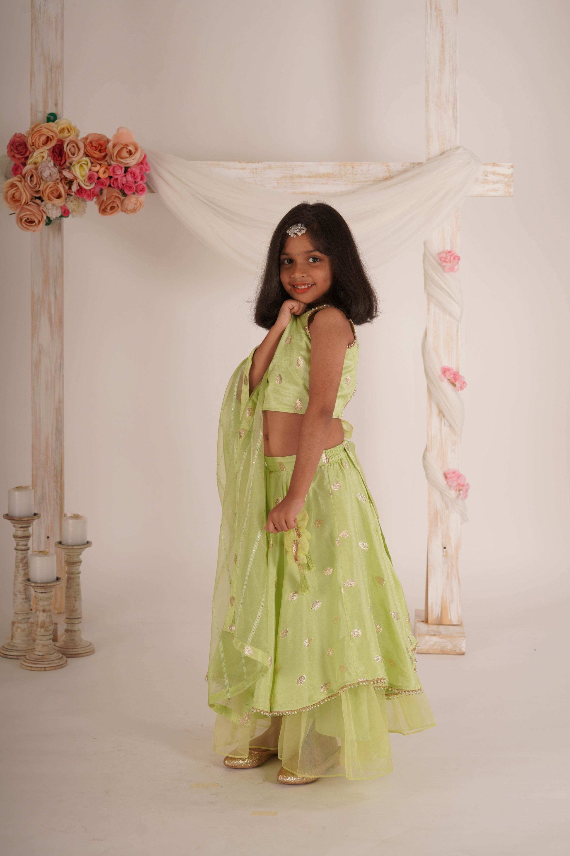 Eden- Blouse, Lehenga and Dupatta set- Pista Green and Rose Gold - Monk & Mei
