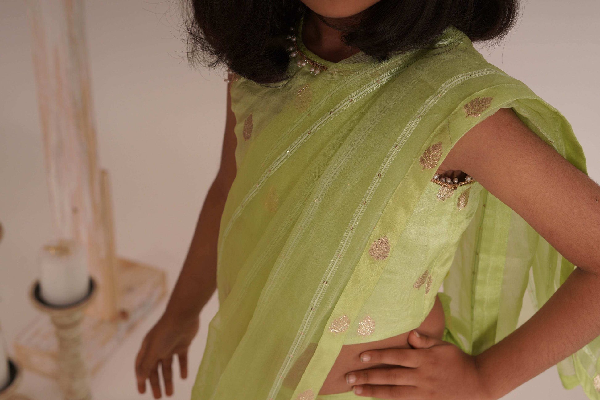 Eden- Blouse, Lehenga and Dupatta set- Pista Green and Rose Gold - Monk & Mei