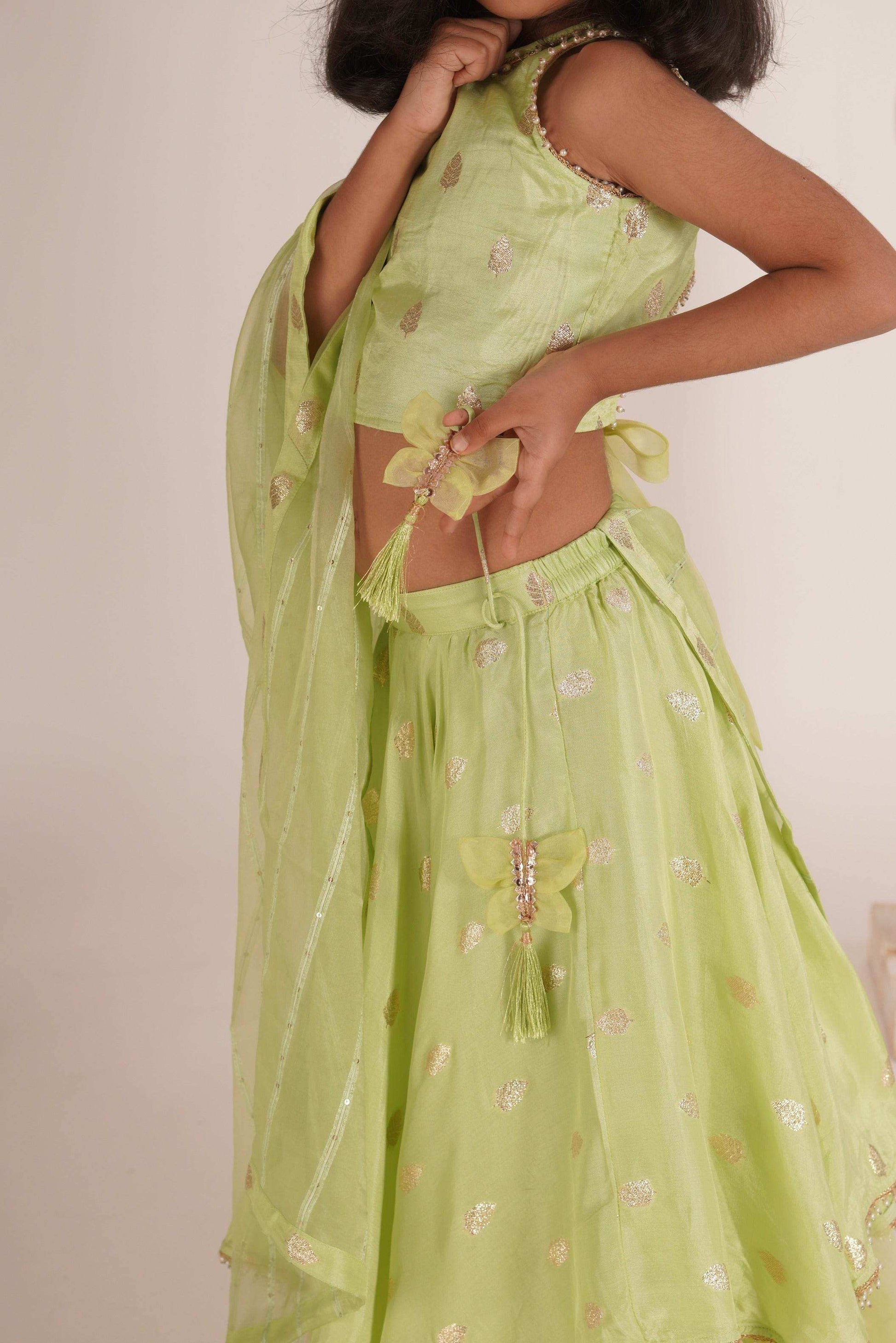 Eden- Blouse, Lehenga and Dupatta set- Pista Green and Rose Gold - Monk & Mei