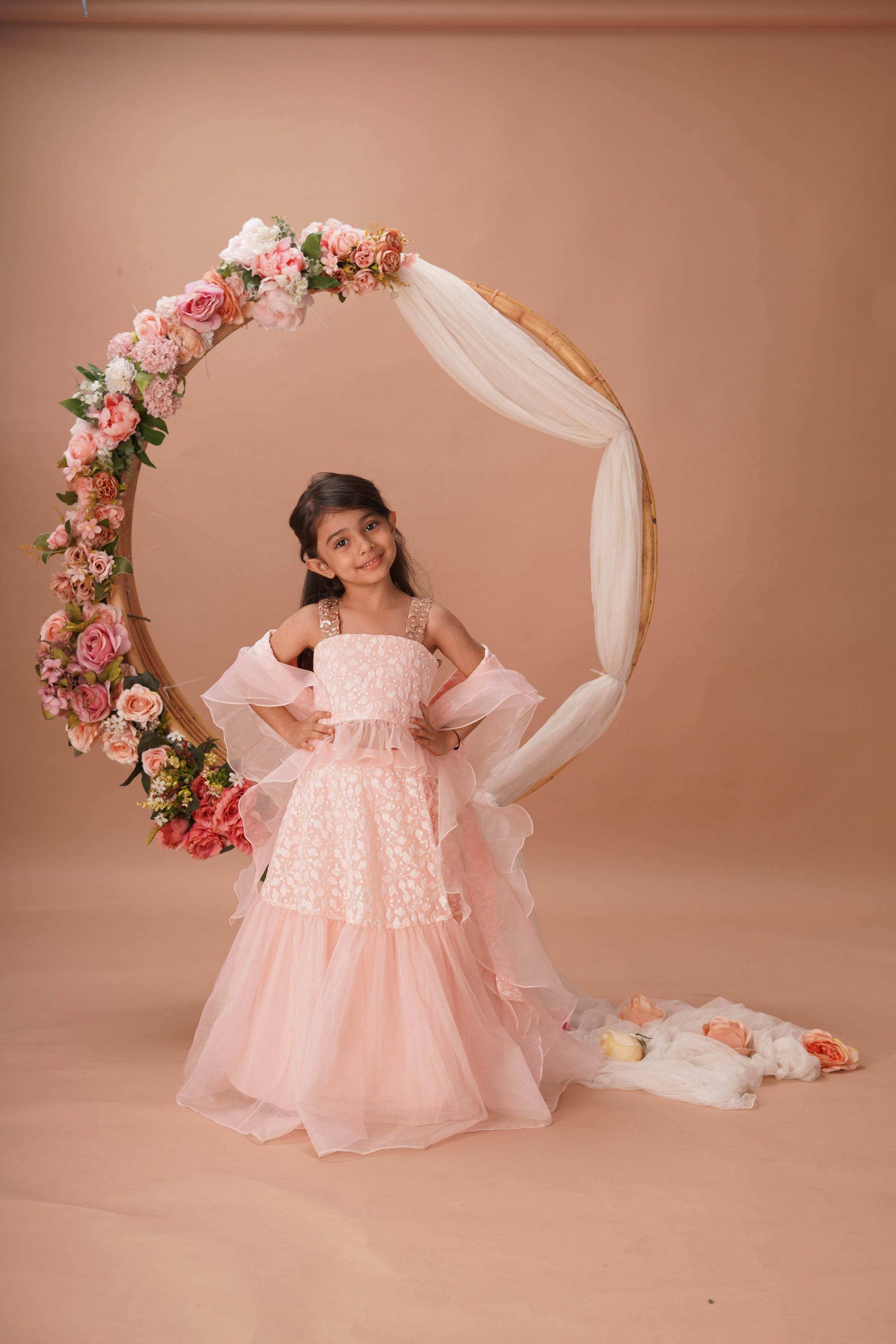 Hannah Lehenga set- Peach Pink and Rose Gold - Monk & Mei