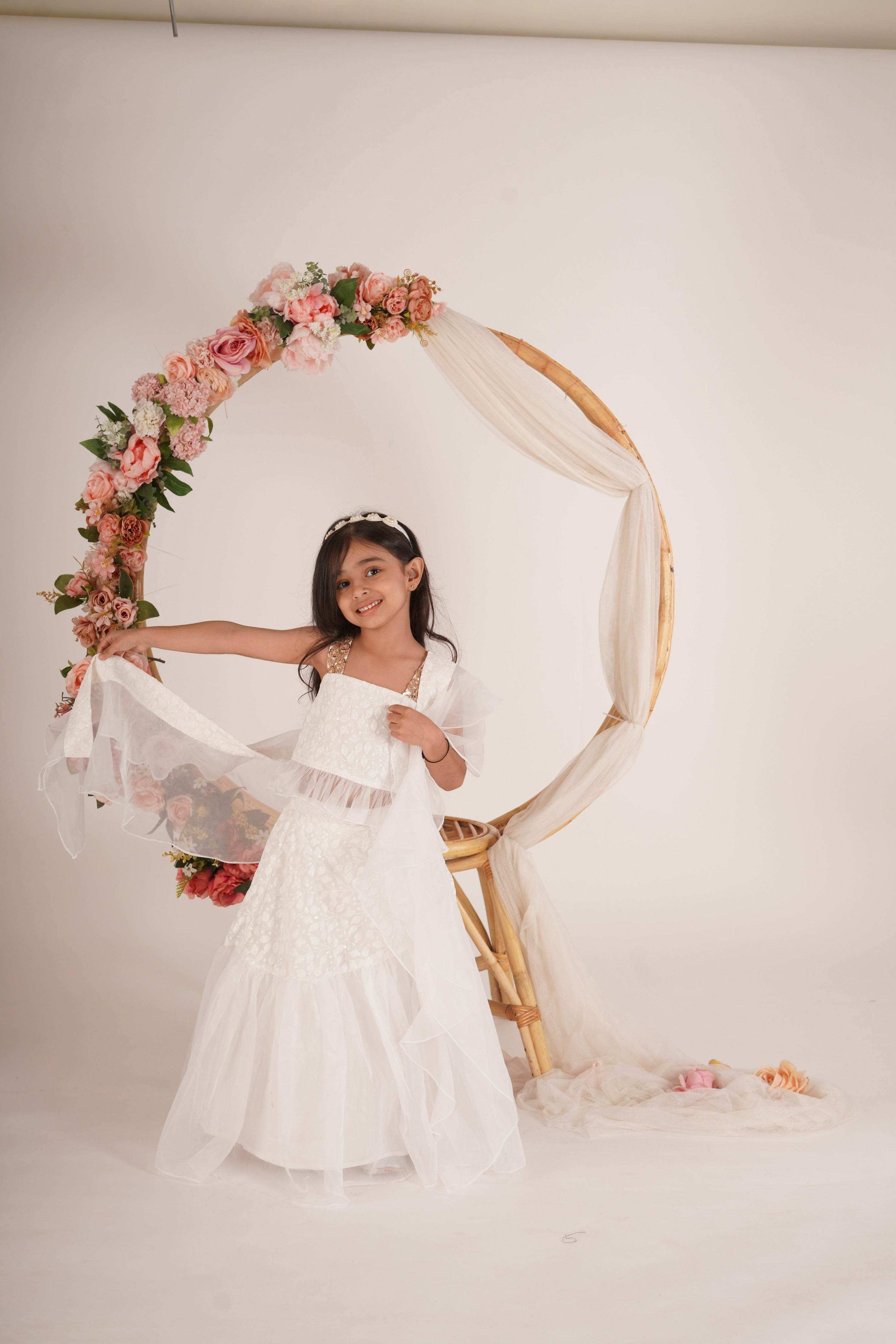 Hannah Lehenga set- White and Rose gold - Monk & Mei