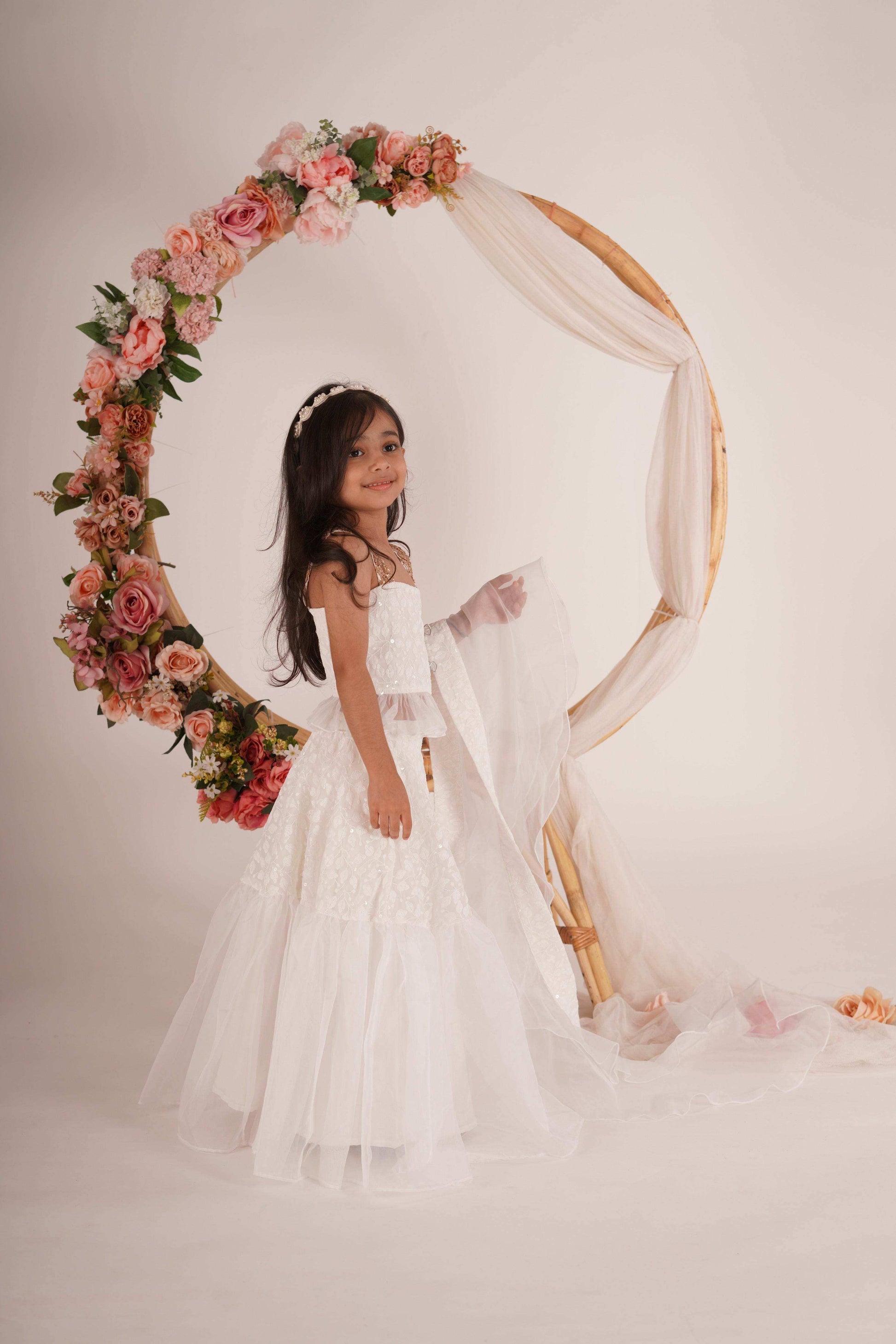Hannah Lehenga set- White and Rose gold - Monk & Mei