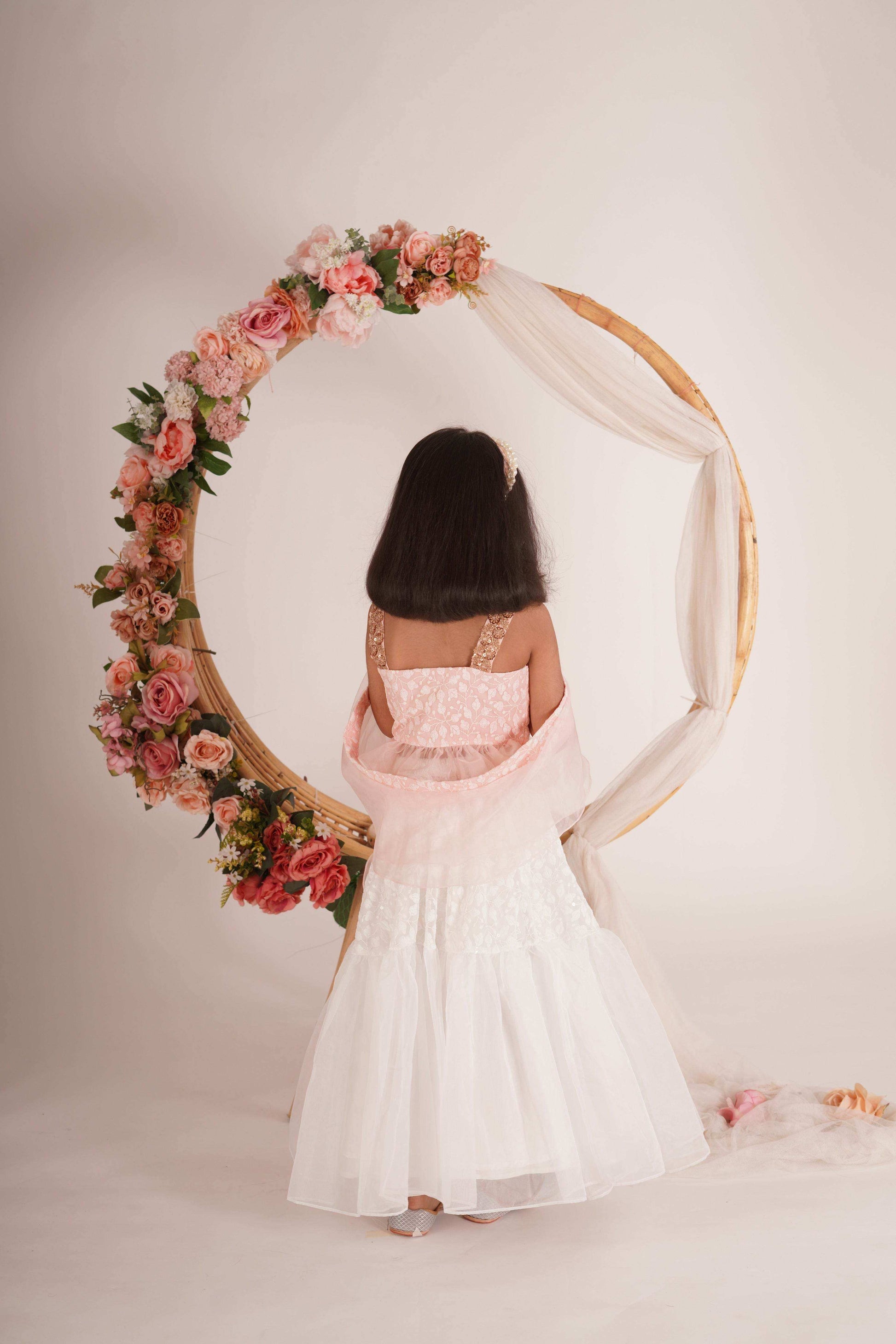 Hannah Lehenga set- White, Peach pink and Rose Gold - Monk & Mei