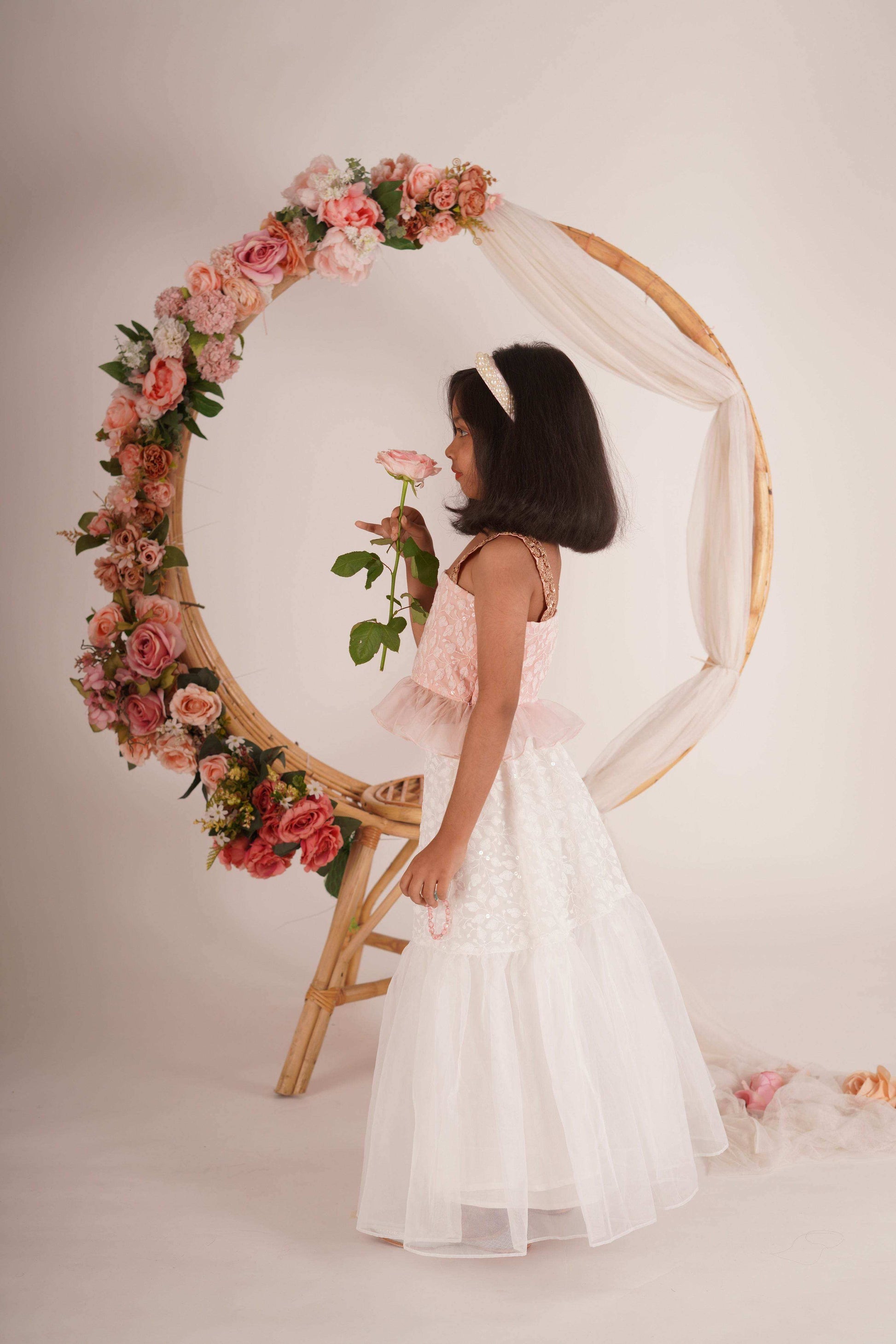 Hannah Lehenga set- White, Peach pink and Rose Gold - Monk & Mei