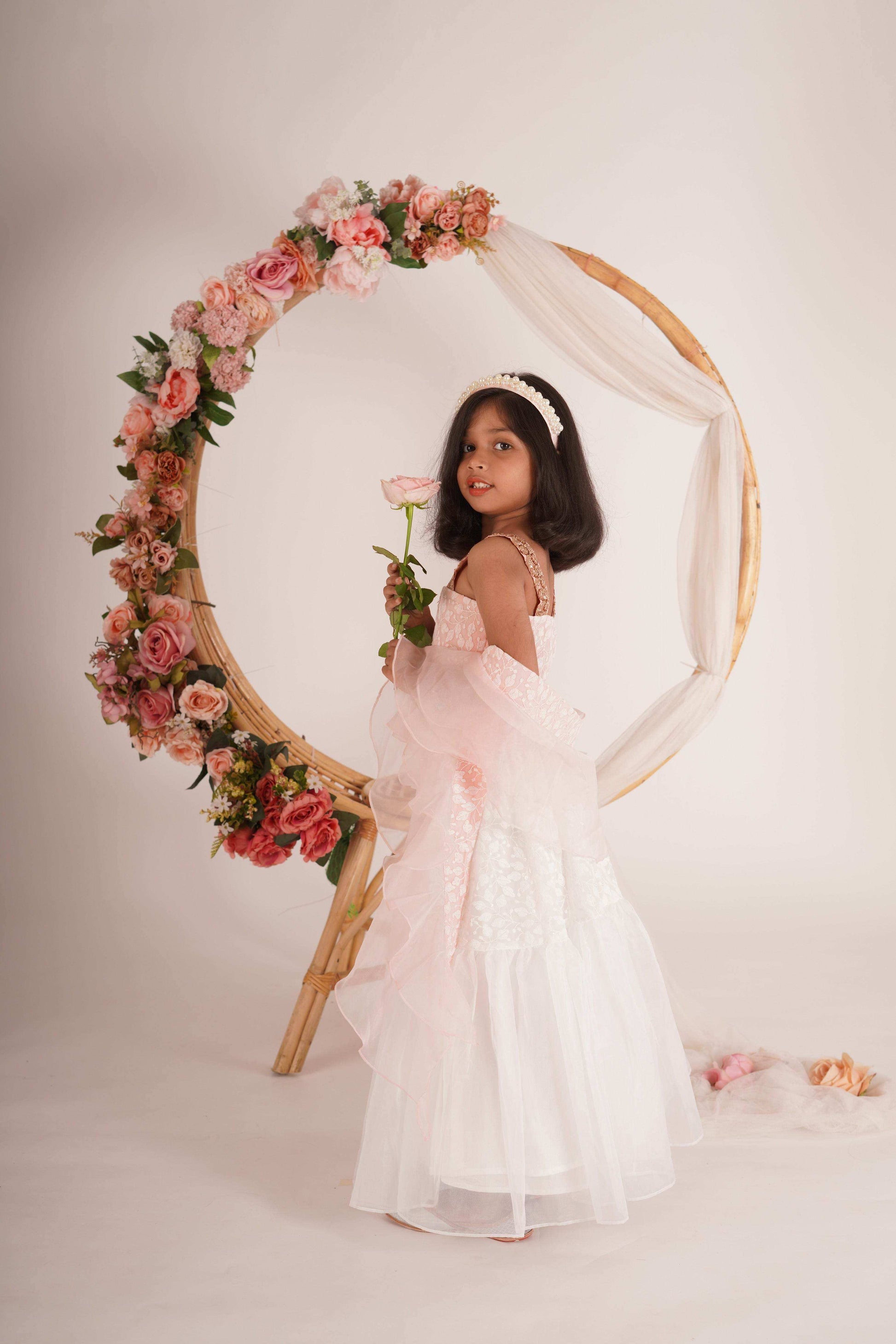 Hannah Lehenga set- White, Peach pink and Rose Gold - Monk & Mei