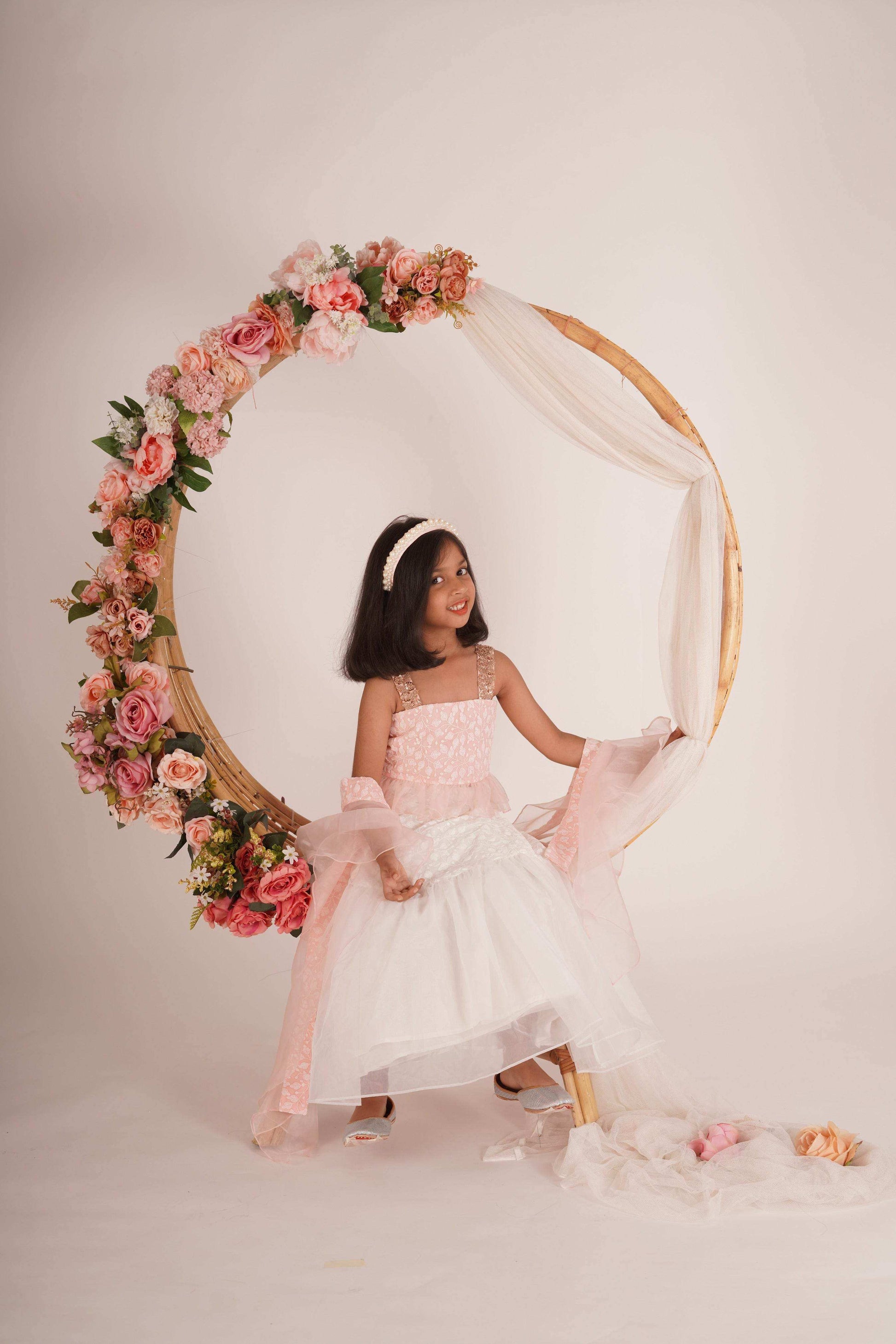 Hannah Lehenga set- White, Peach pink and Rose Gold - Monk & Mei