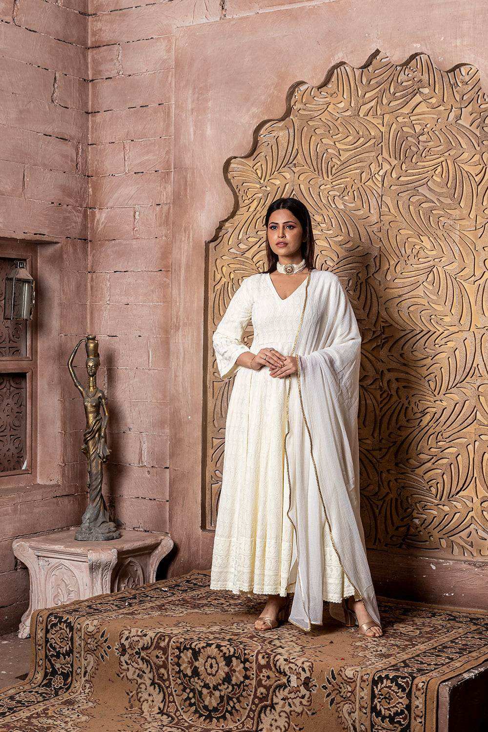 Falak - Embroidered Dress & Dupatta - Cream Anarkali with Chiffon Dupatta - Monk & Mei